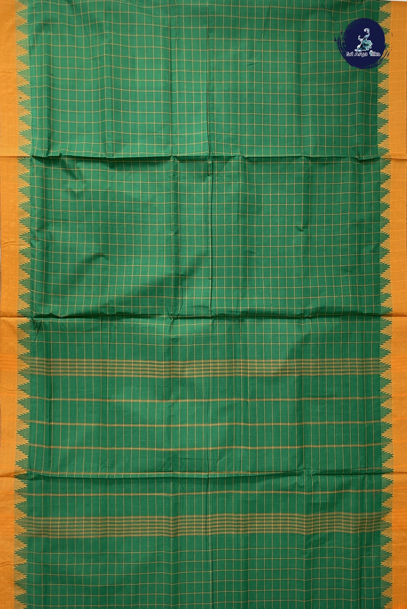 Dark Green 10 Yards Madisar Cotton Saree With Checked Pattern