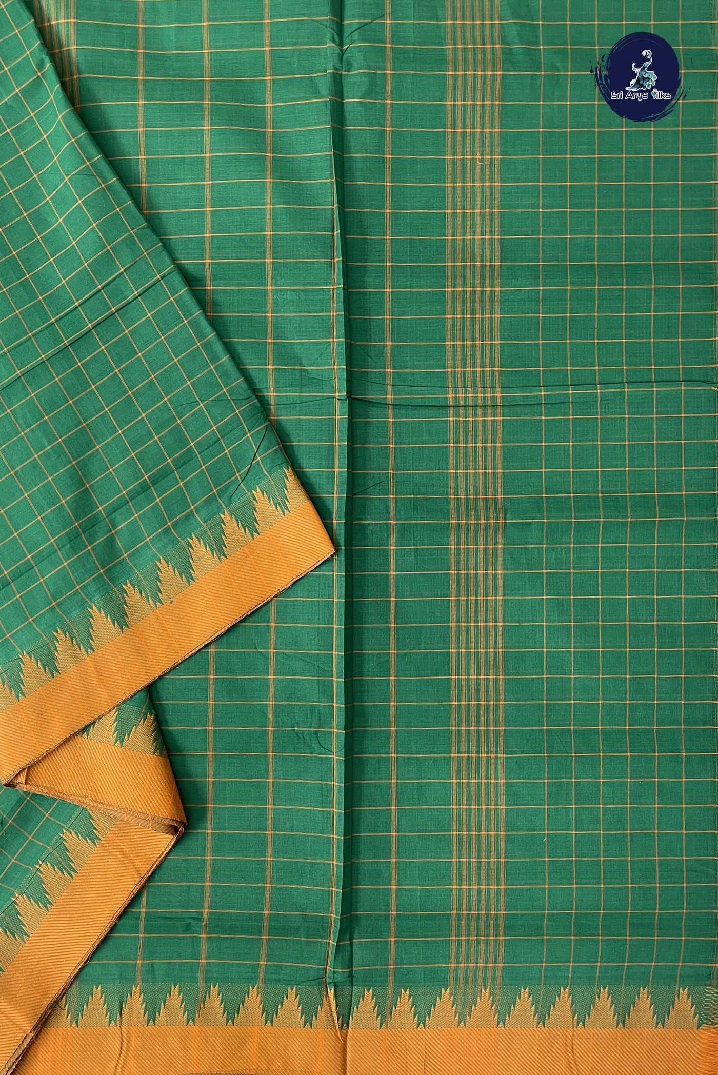 Dark Green 10 Yards Madisar Cotton Saree With Checked Pattern