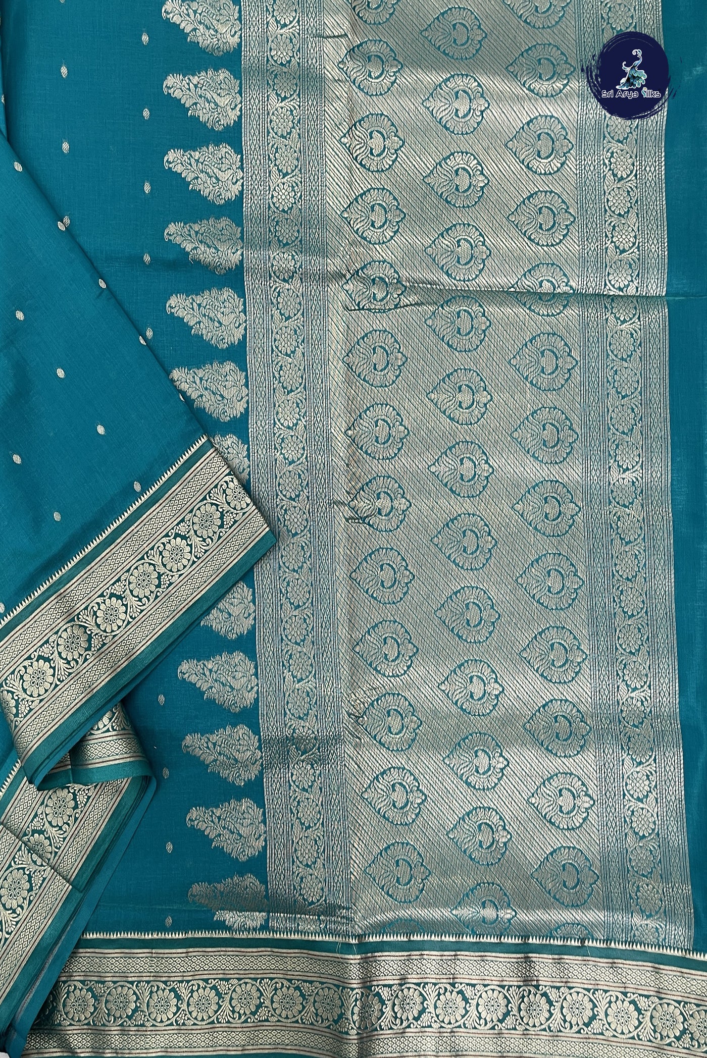 Sapphire Green 9 Yards Semi Silk With Zari Buttas Pattern