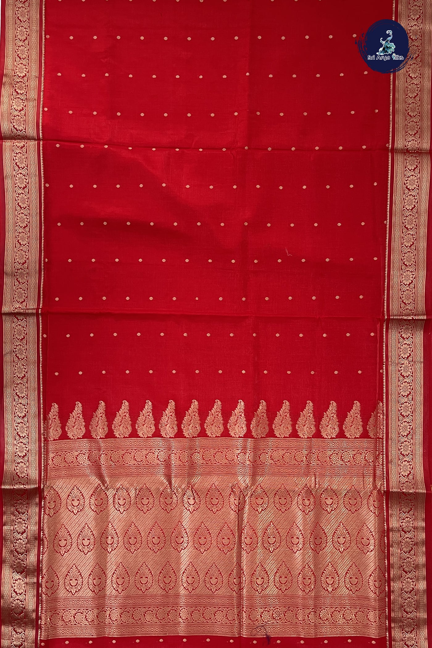 Red 9 Yards Semi Silk With Zari Buttas Pattern