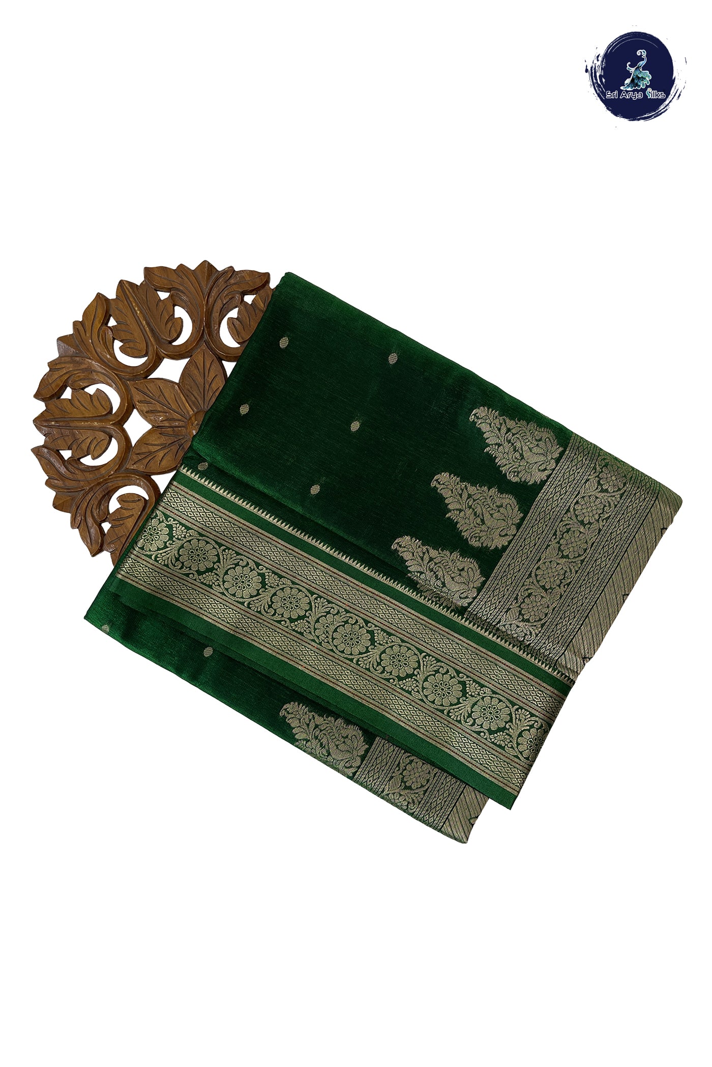 Bottle Green 9 Yards Semi Silk With Zari Buttas Pattern