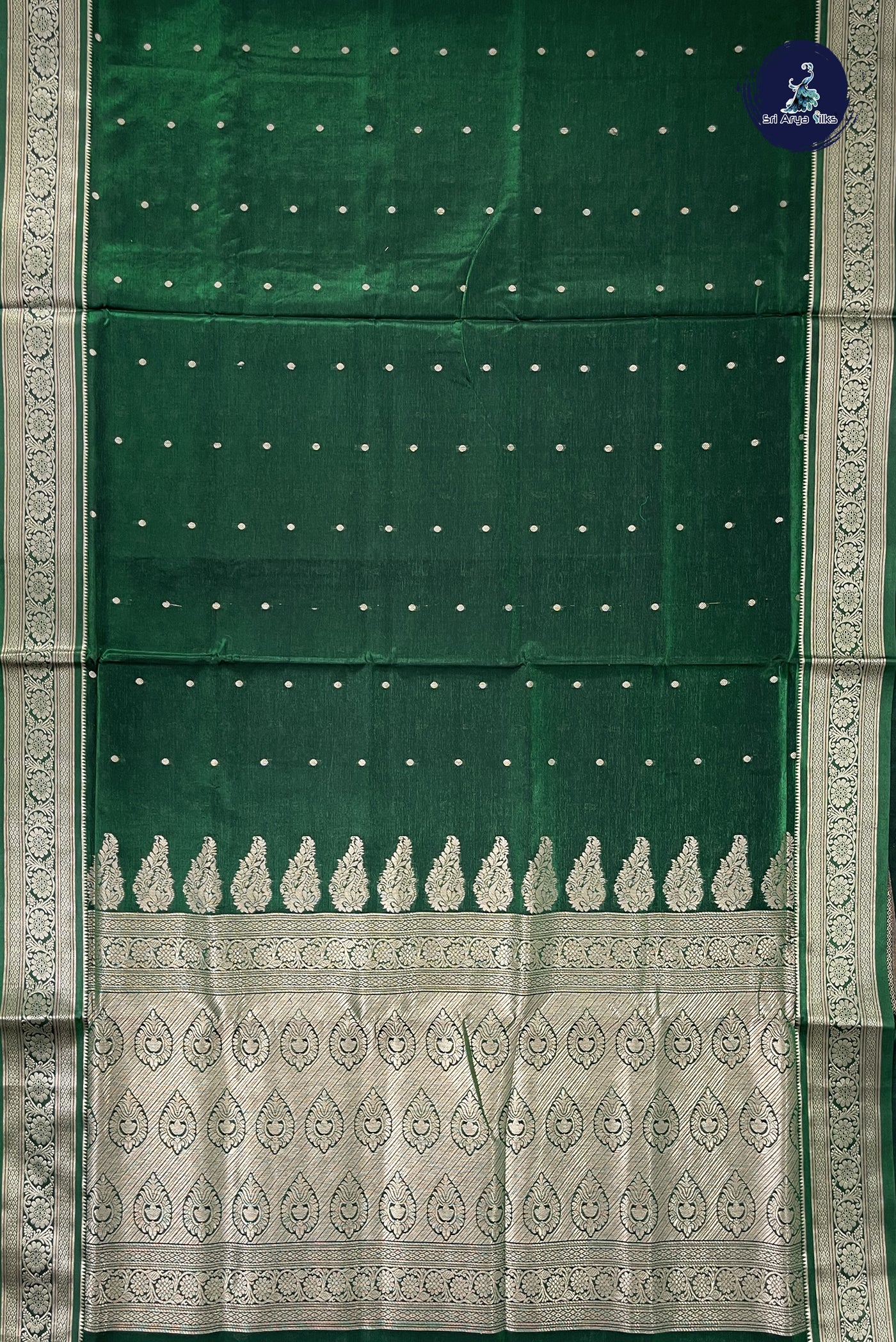 Bottle Green 9 Yards Semi Silk With Zari Buttas Pattern