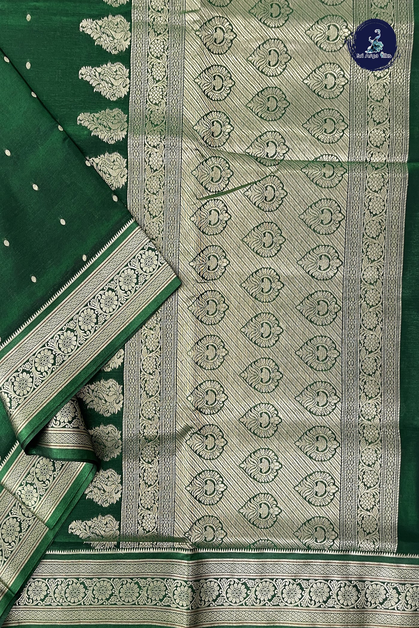Bottle Green 9 Yards Semi Silk With Zari Buttas Pattern