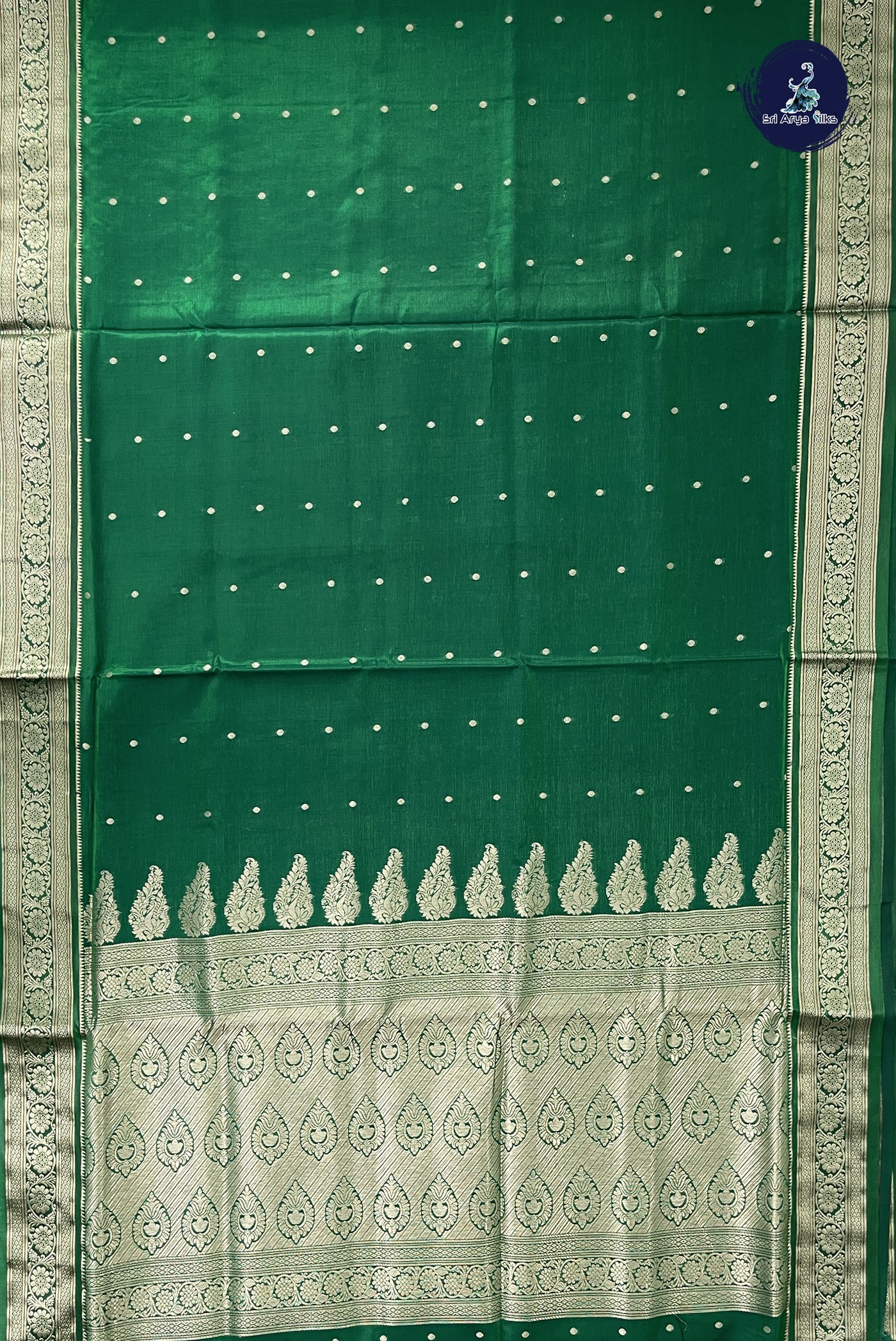 Bottle Green 9 Yards Semi Silk With Zari Buttas Pattern