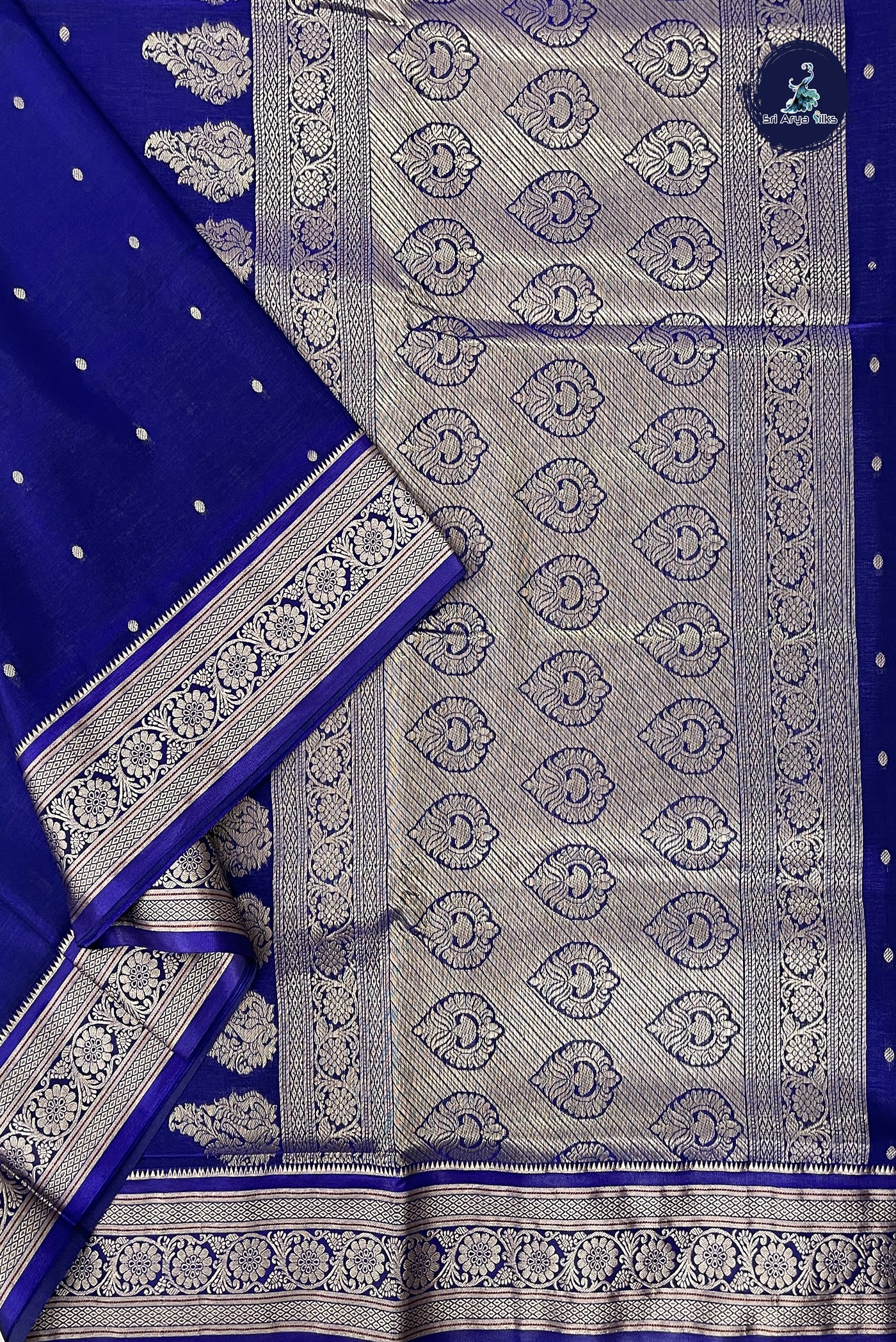 Dark Blue 9 Yards Semi Silk With Zari Buttas Pattern