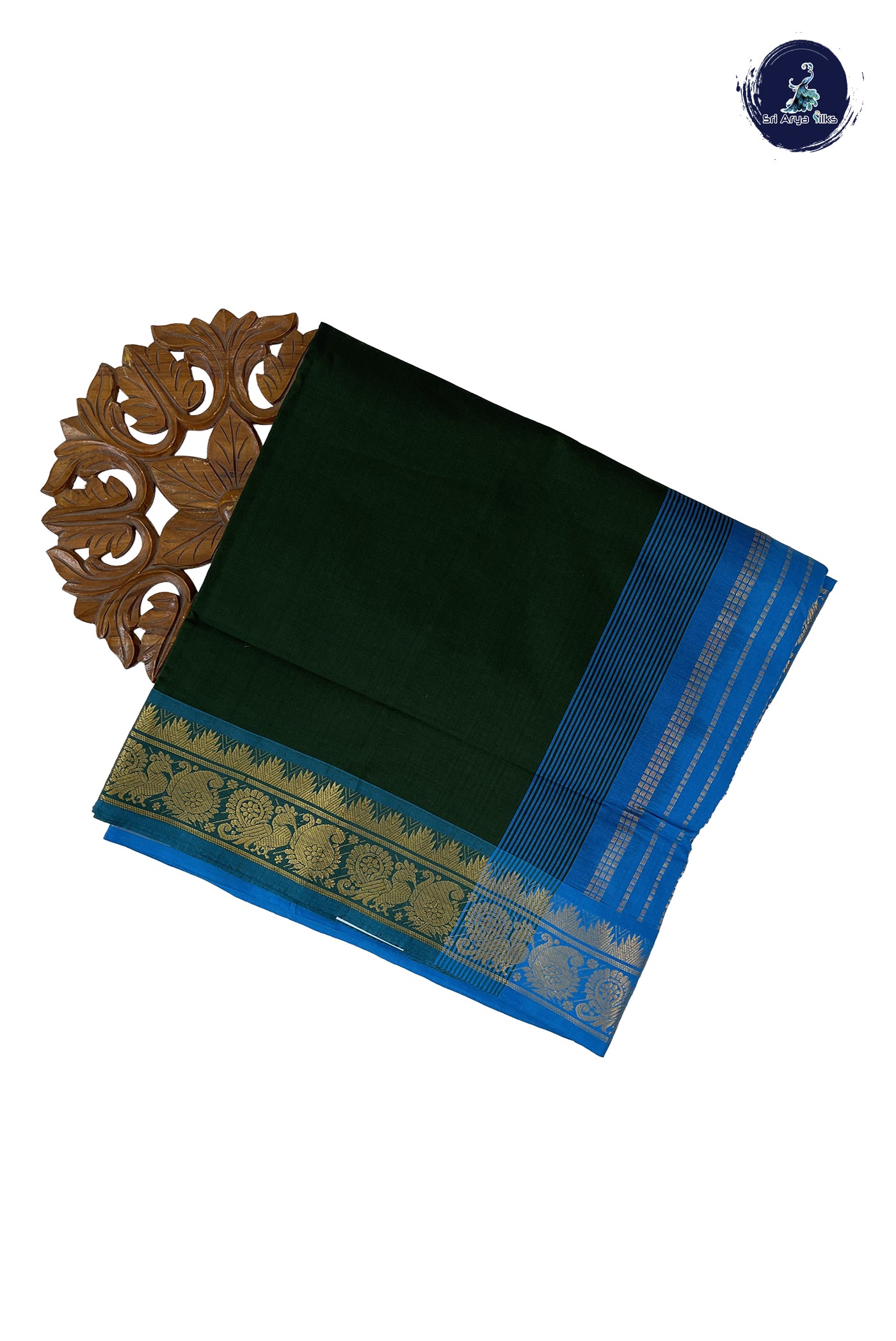 Dark Green Madisar Semi Silk Cotton Saree With Plain Pattern