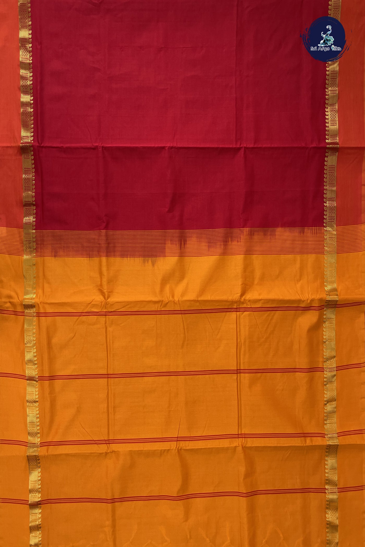 Red Madisar Semi Silk Cotton Saree With Plain Pattern