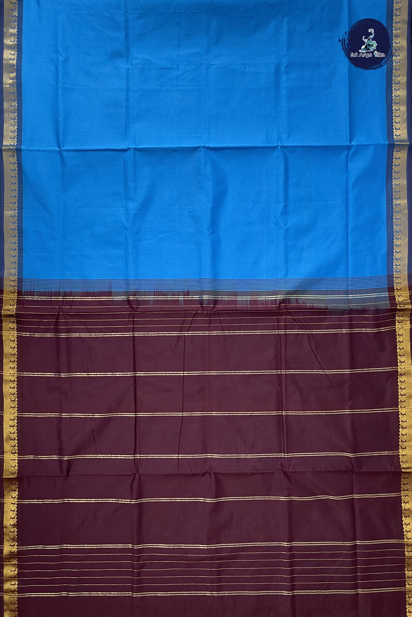 Copper Sulphate Blue Madisar Semi Silk Cotton Saree With Plain Pattern