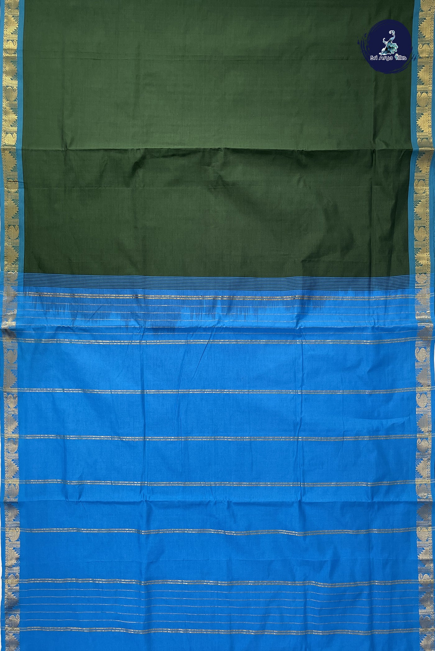 Dark Green Madisar Semi Silk Cotton Saree With Plain Pattern