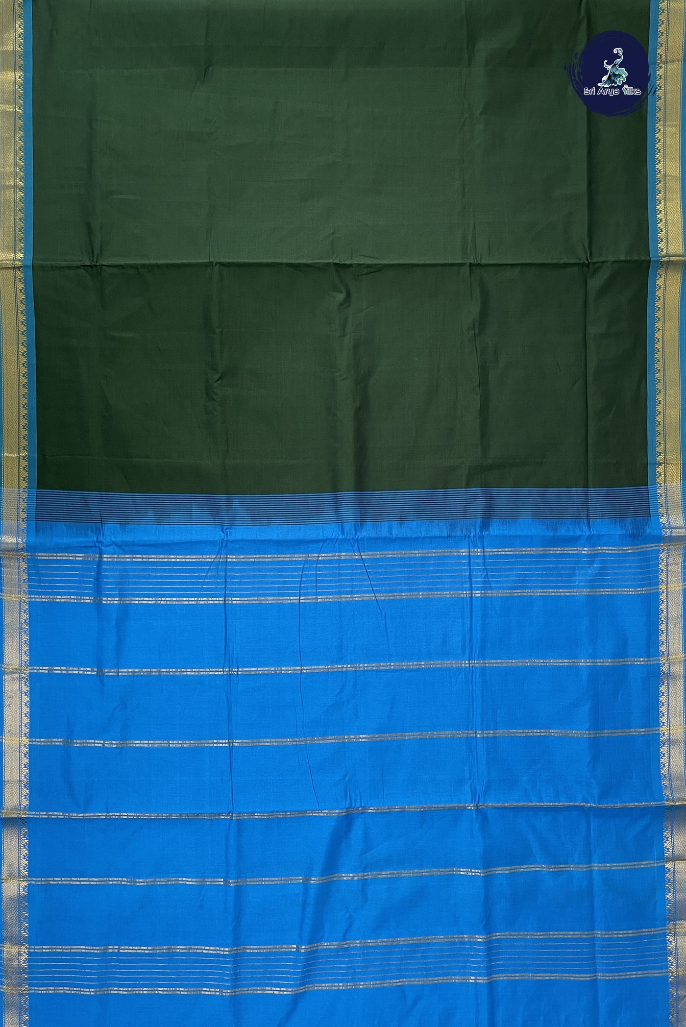 Dark Green Madisar Semi Silk Cotton Saree With Plain Pattern