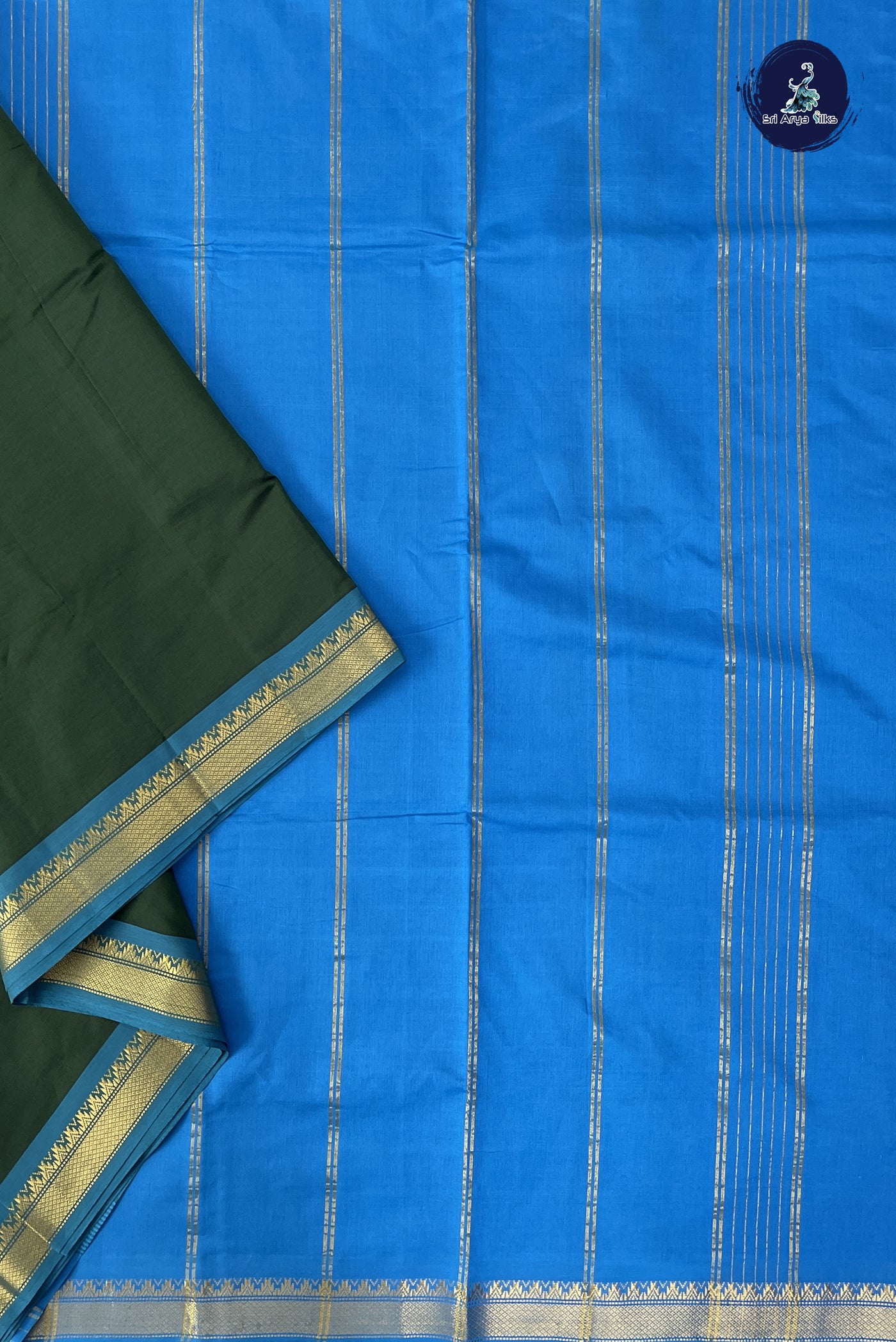 Dark Green Madisar Semi Silk Cotton Saree With Plain Pattern
