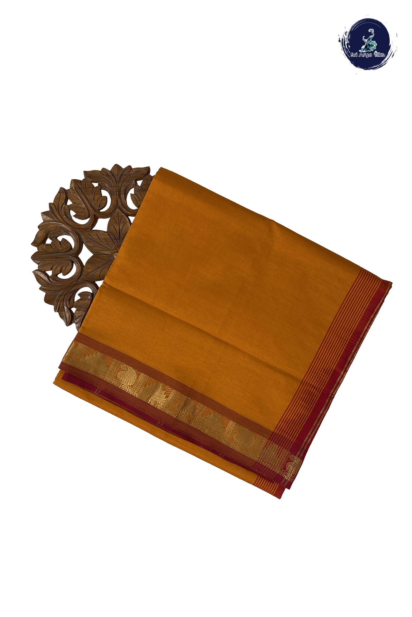 Yellowish Orange Madisar Semi Silk Cotton Saree With Plain Pattern