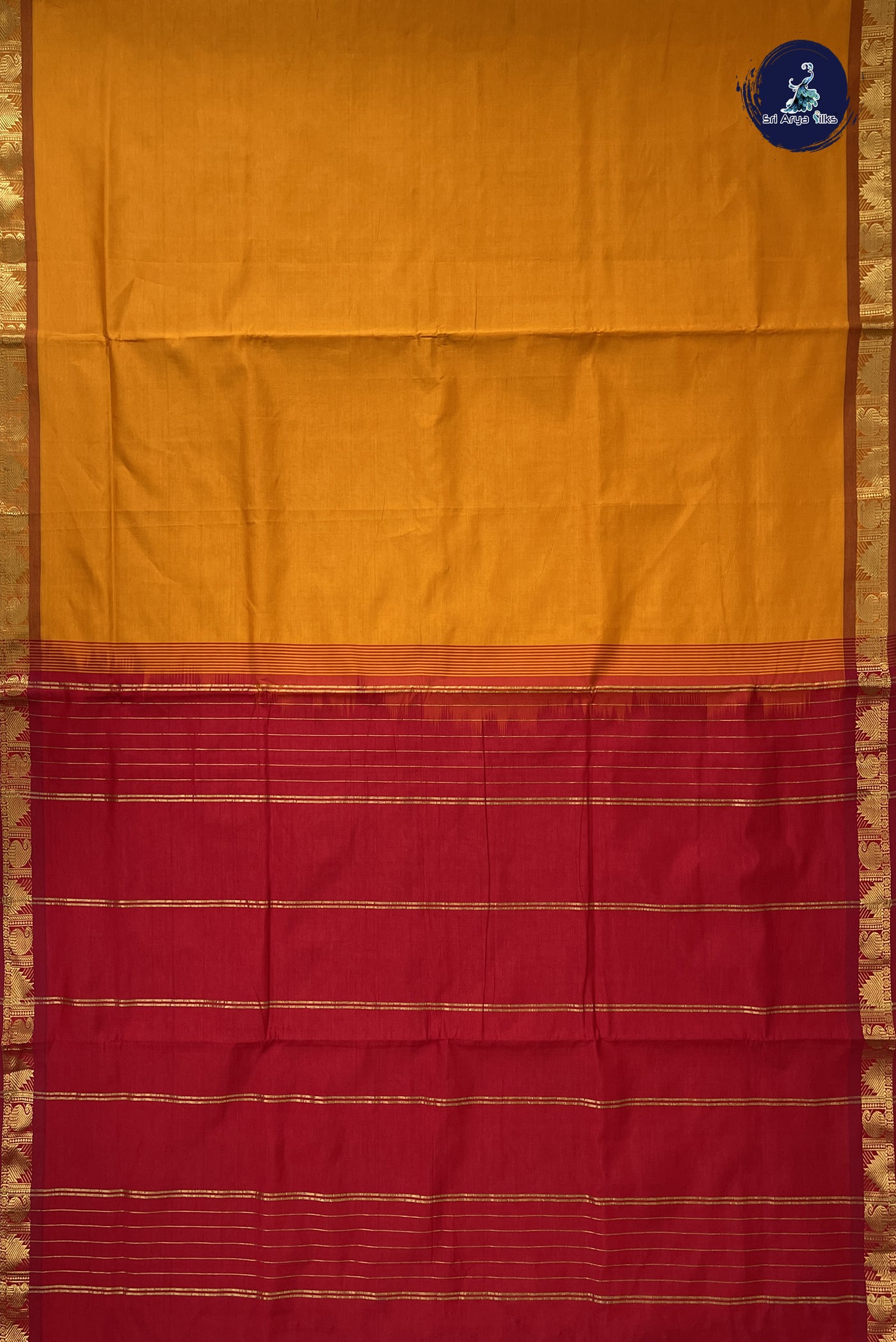 Yellowish Orange Madisar Semi Silk Cotton Saree With Plain Pattern