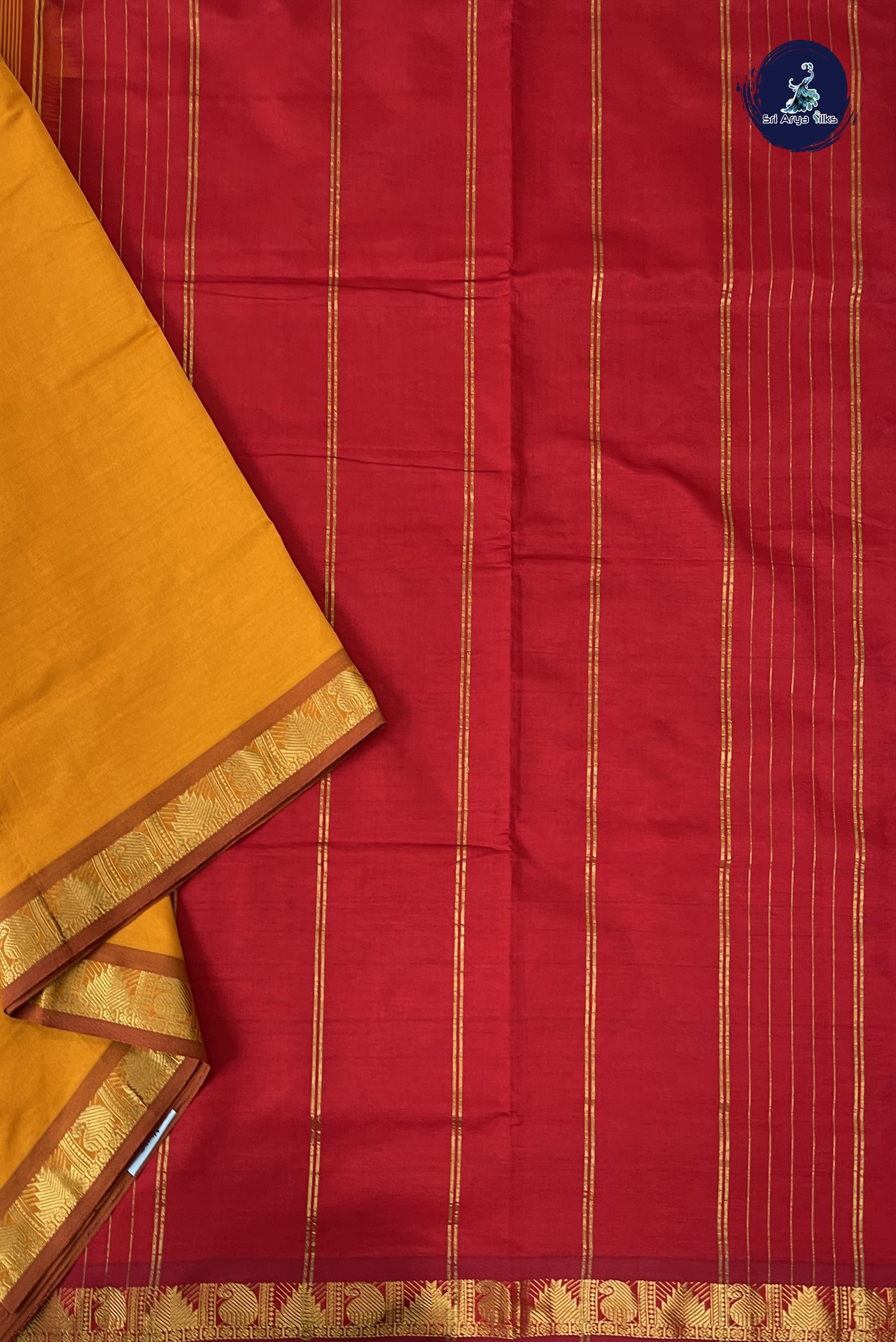 Yellowish Orange Madisar Semi Silk Cotton Saree With Plain Pattern