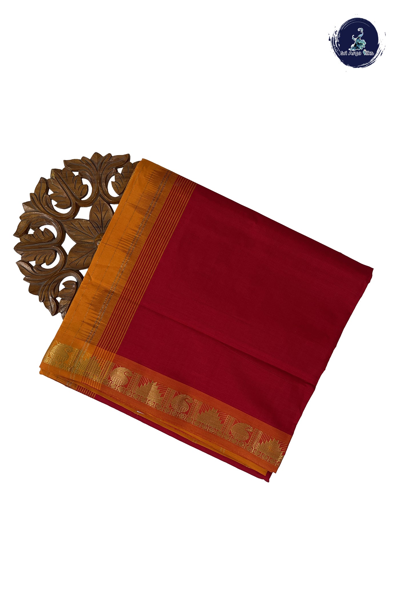 Red Madisar Semi Silk Cotton Saree With Plain Pattern