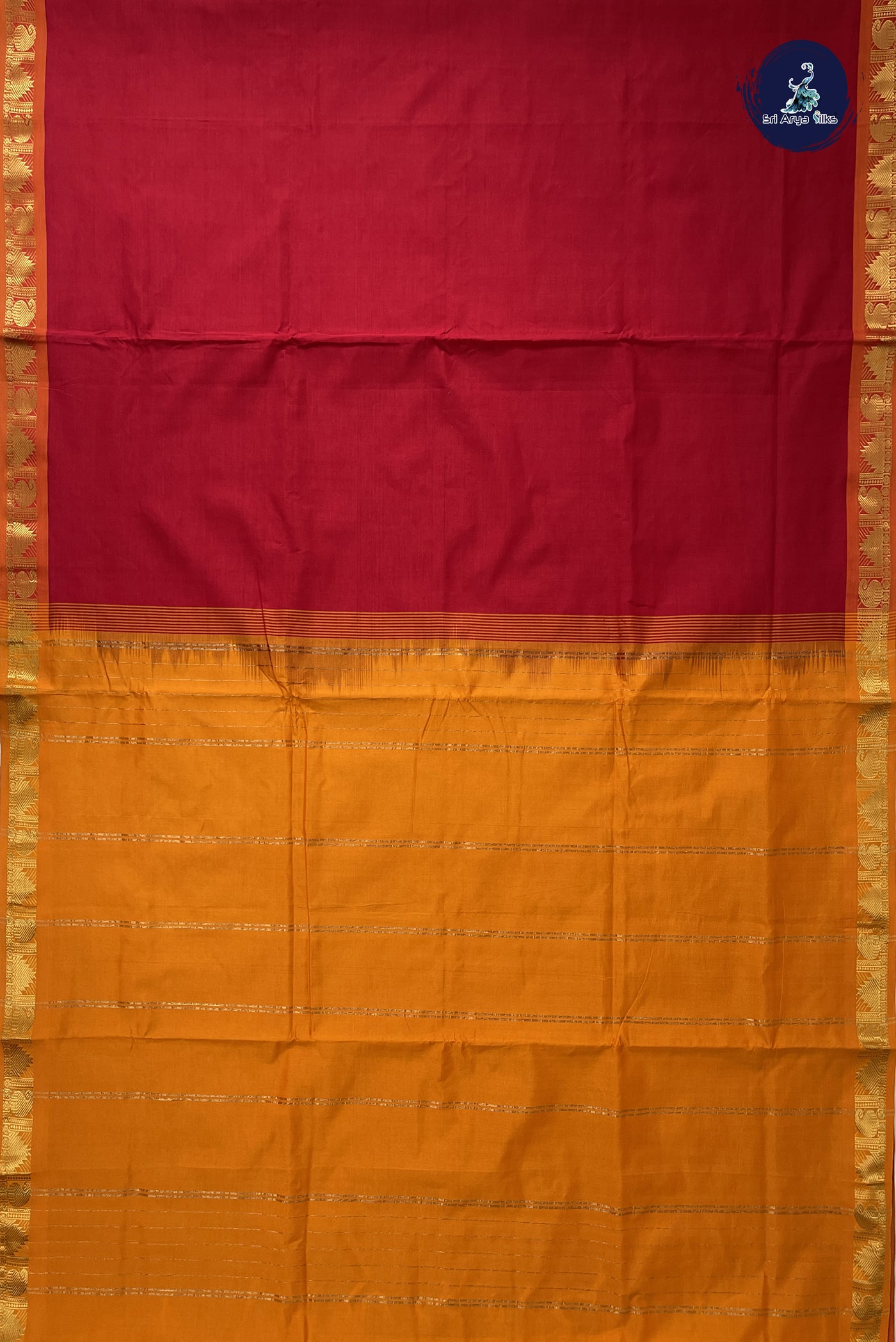 Red Madisar Semi Silk Cotton Saree With Plain Pattern