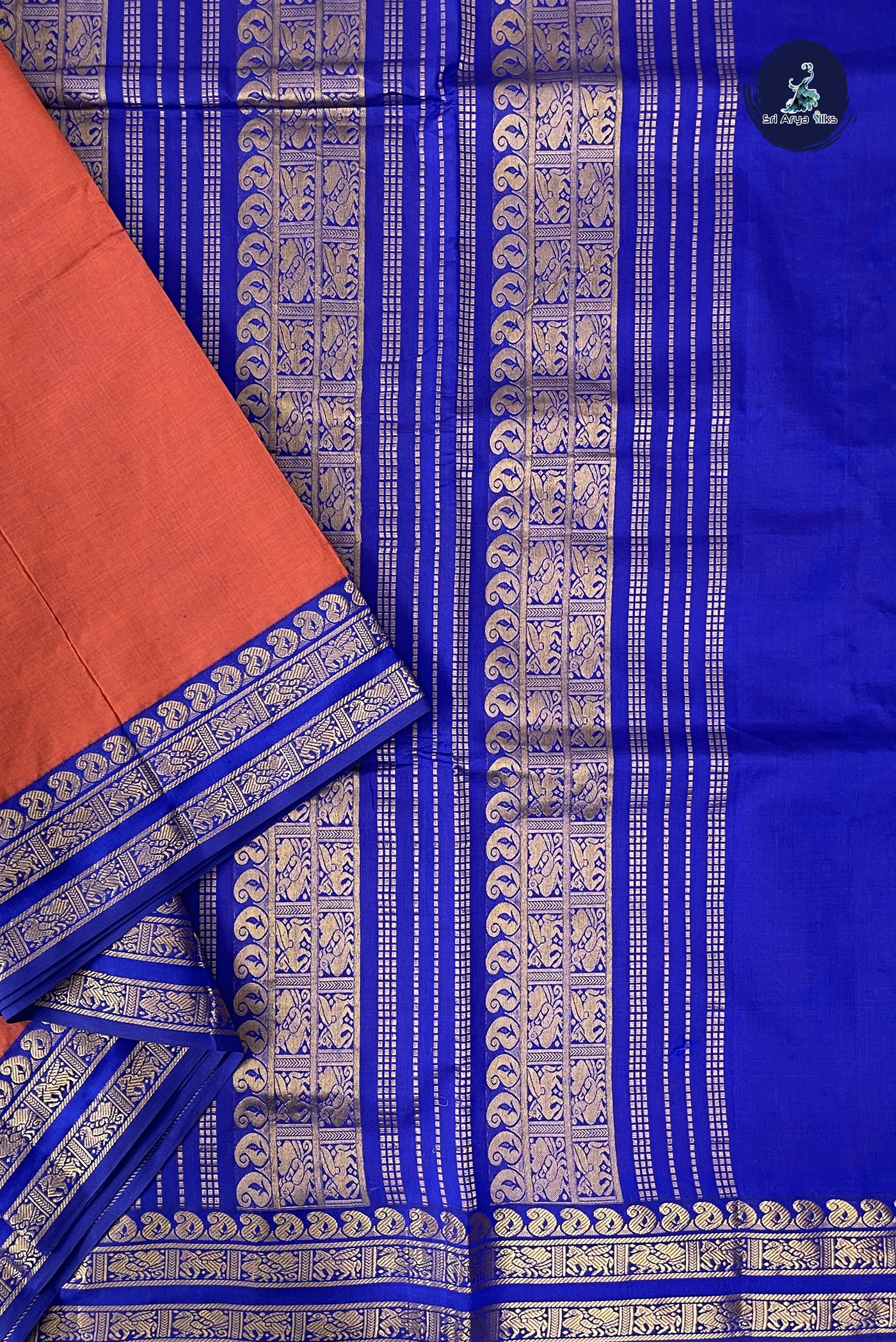 Orangish Pink Madisar Semi Silk Cotton Saree With Plain Pattern