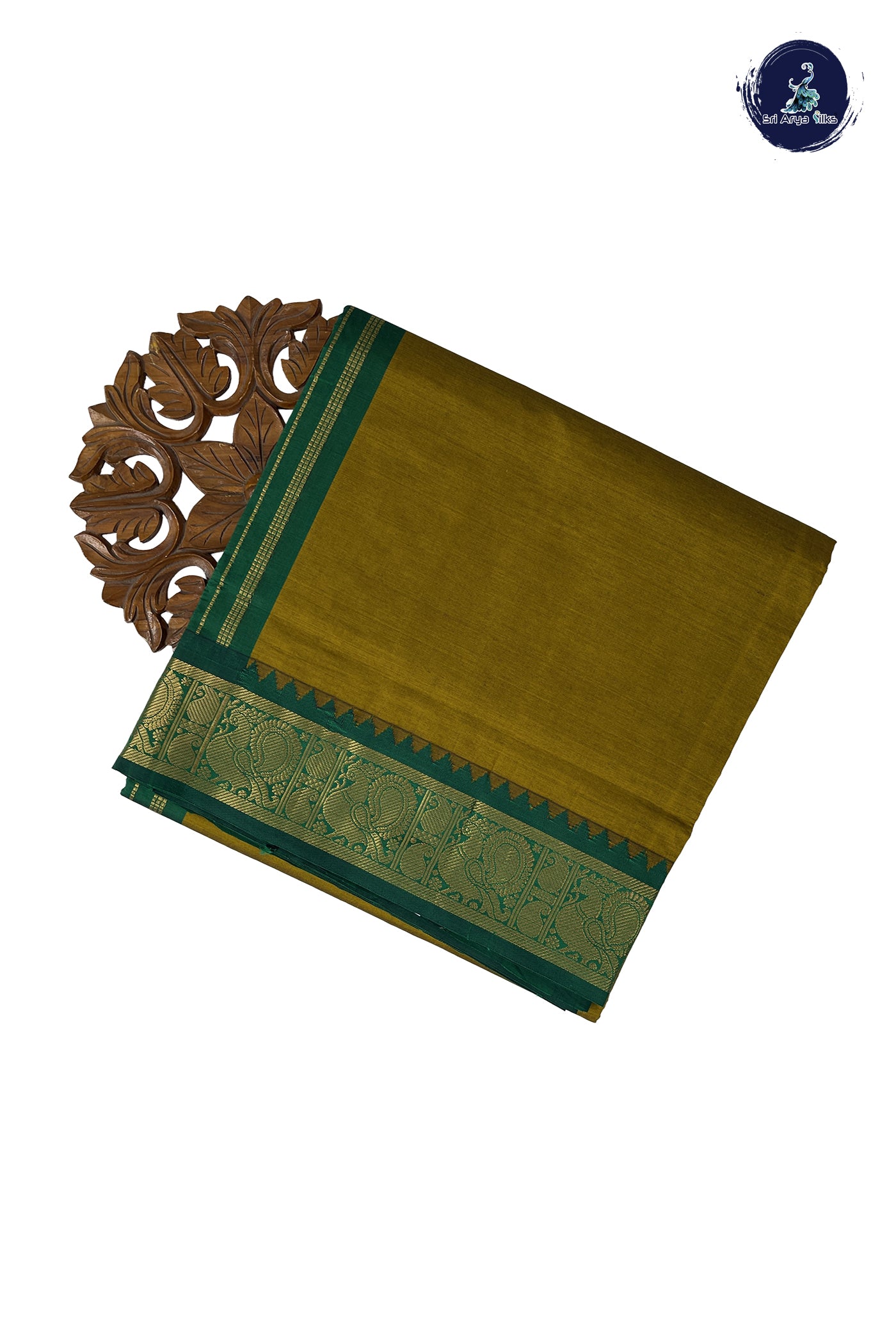 Yellowish Green Madisar Semi Silk Cotton Saree With Plain Pattern