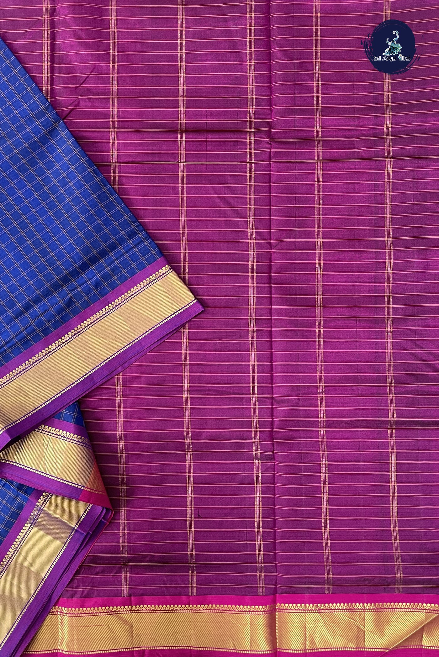 Dark Blue Madisar 10 Yards Silk Saree With Checked Pattern