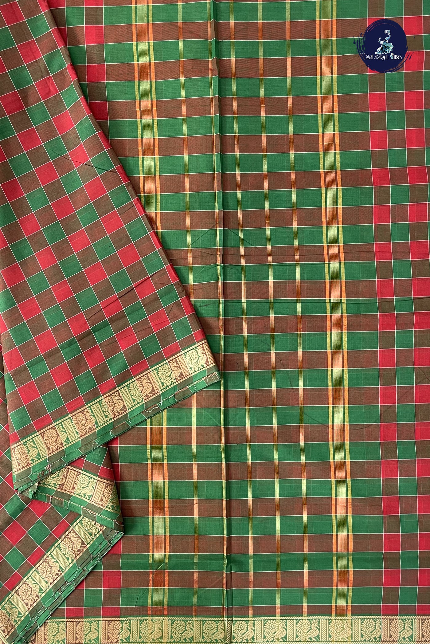 Multi Colour 10 Yards Madisar Cotton Saree With Checked Pattern