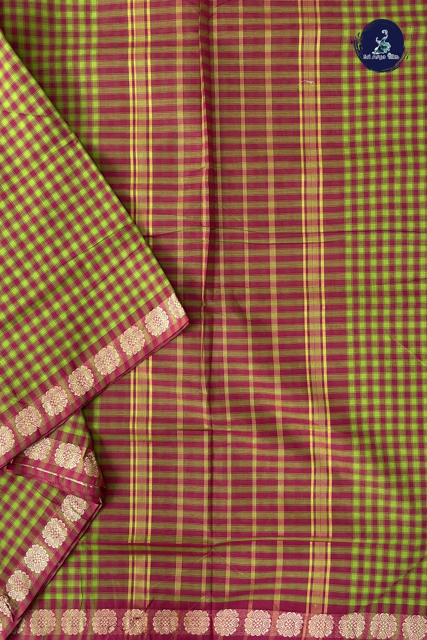 Multi Colour 10 Yards Madisar Cotton Saree With Checked Pattern