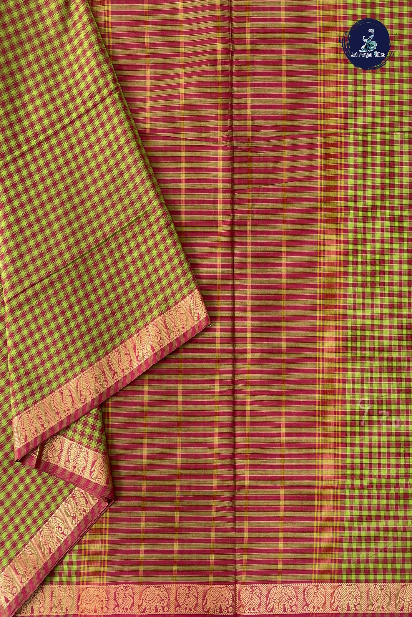 Multi Colour 10 Yards Madisar Cotton Saree With Checked Pattern