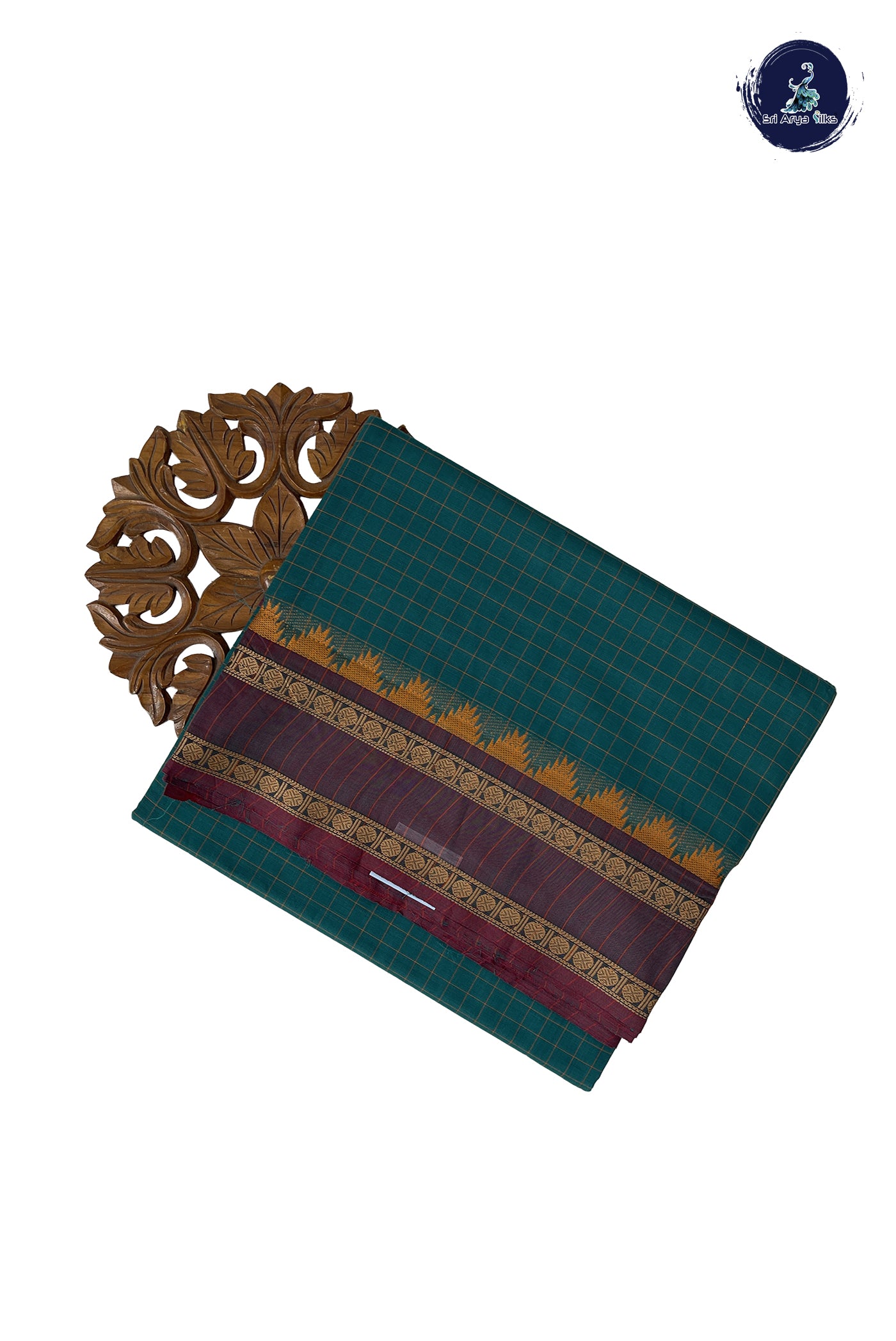 Teal 10 Yards Madisar Cotton Saree With Checked Pattern