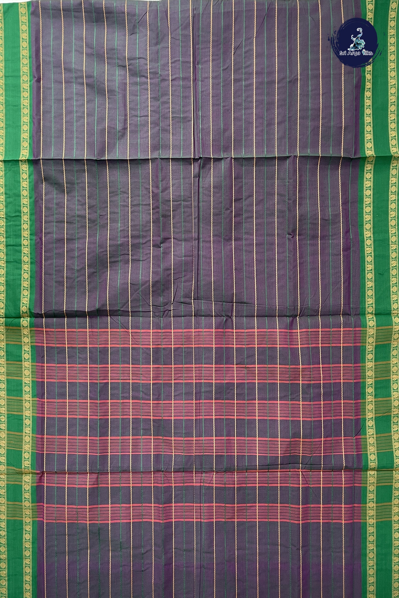 Greenish Grey 10 Yards Madisar Cotton Saree With Veldhari Stripes Pattern