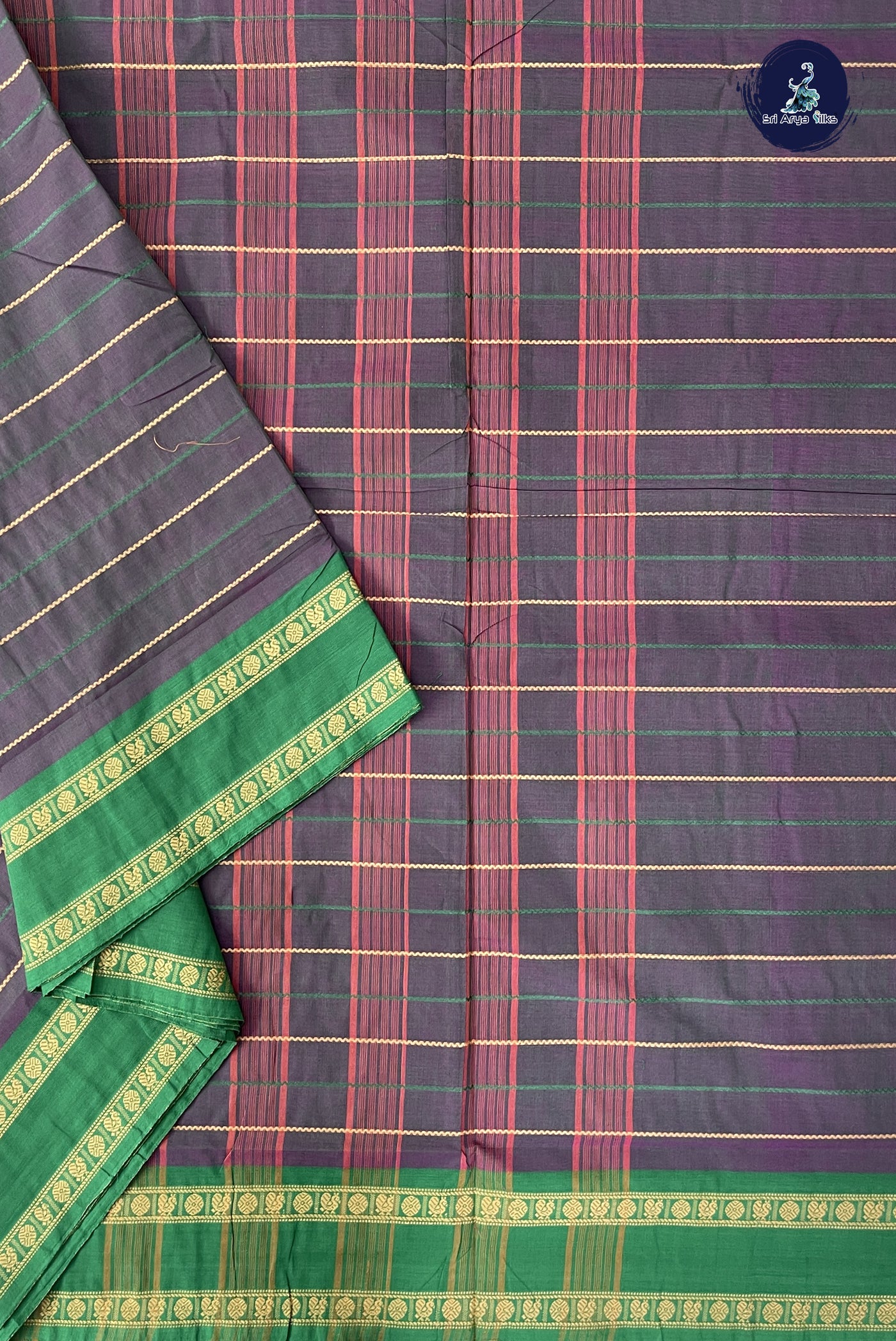 Greenish Grey 10 Yards Madisar Cotton Saree With Veldhari Stripes Pattern
