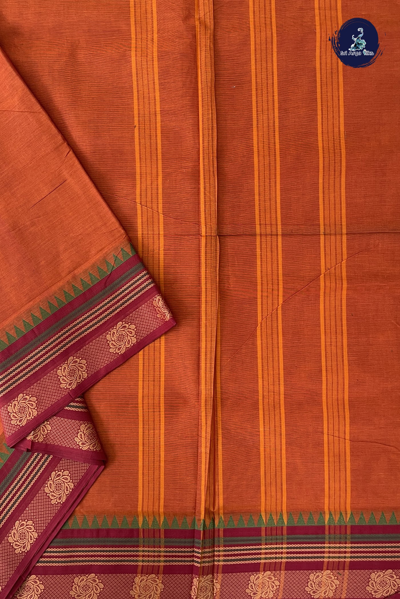 Rust 10 Yards Madisar Cotton Saree With Plain Pattern
