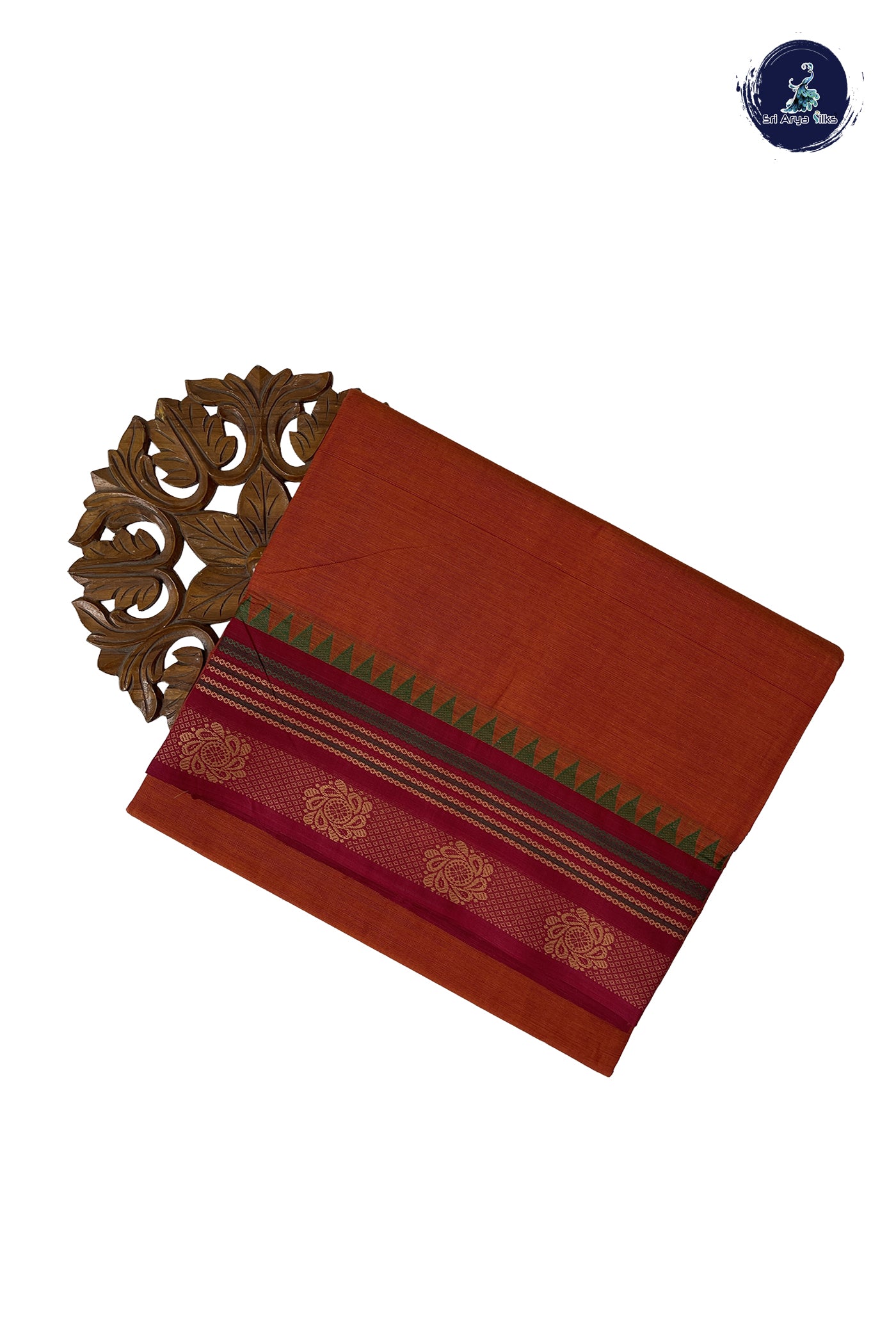 Rust 10 Yards Madisar Cotton Saree With Plain Pattern
