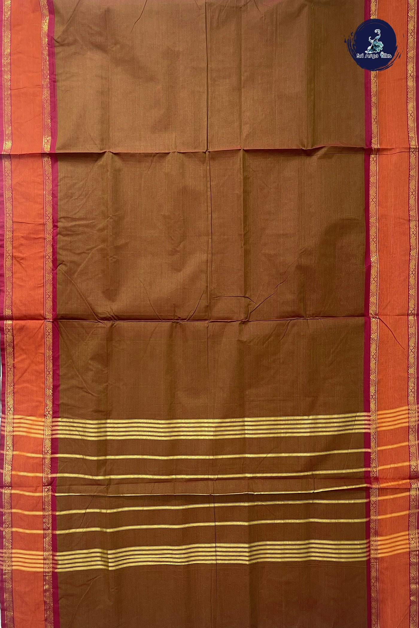 Brown 10 Yards Madisar Cotton Saree With Plain Pattern