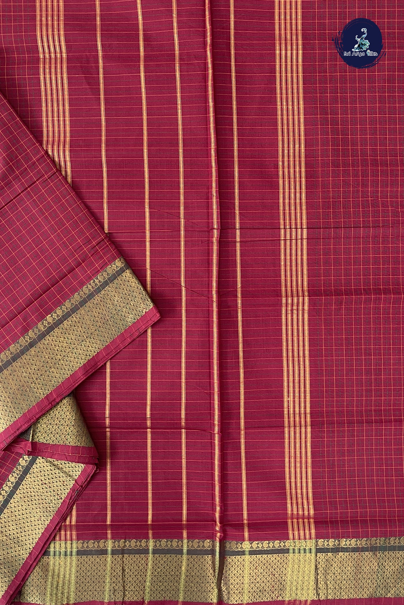 Maroon 10 Yards Madisar Cotton Saree With Checked Pattern