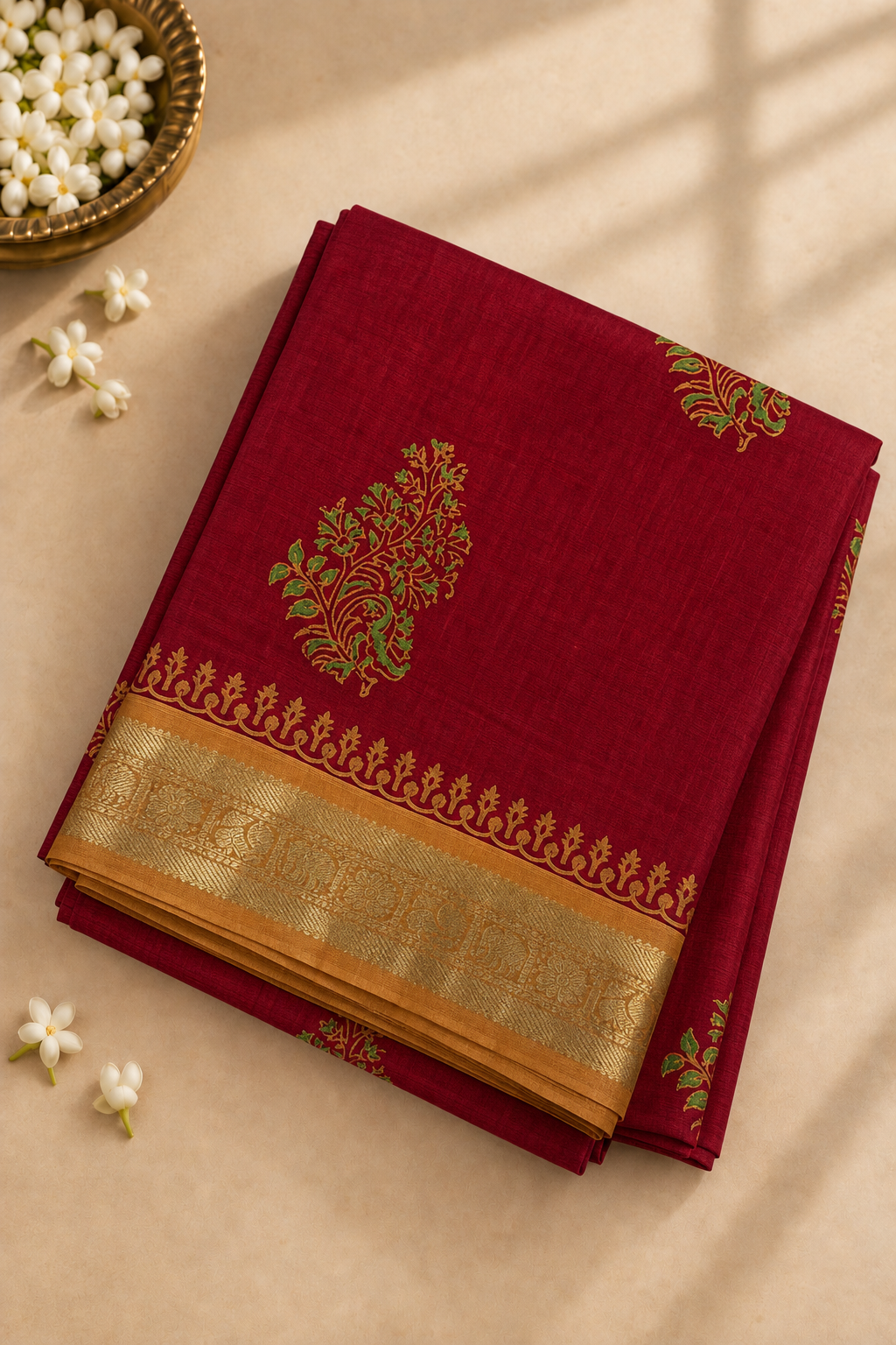 Red 10 Yards Silk Cotton Saree With Printed Pattern