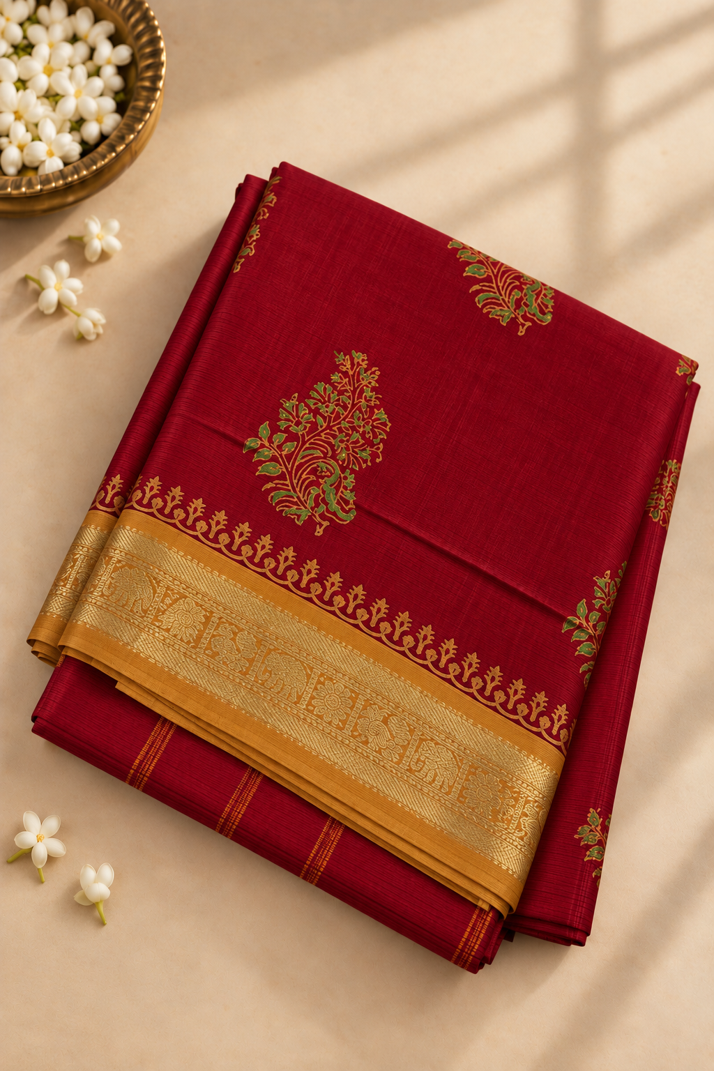 Red 10 Yards Silk Cotton Saree With Printed Pattern