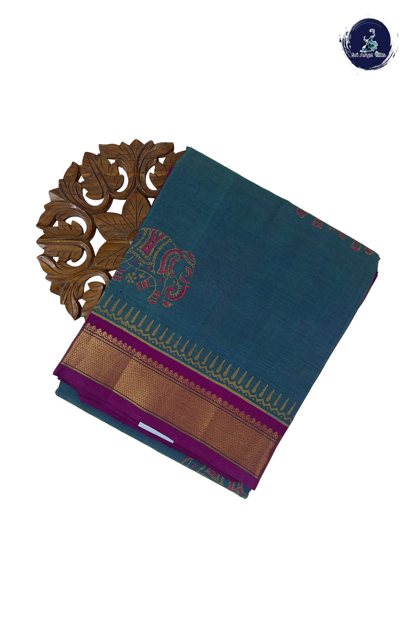 Teal 10 Yards Silk Cotton Saree With Printed Pattern