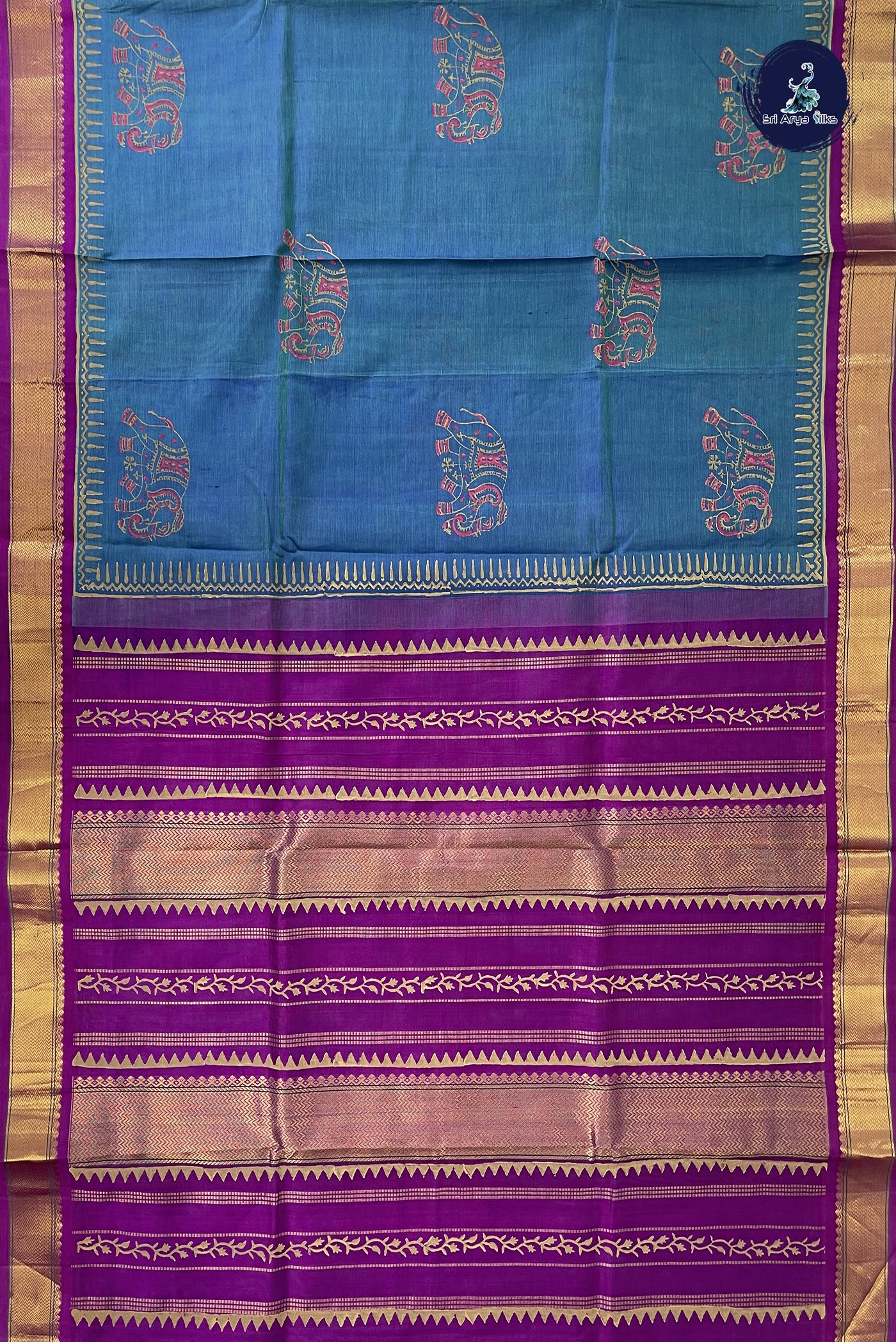 Teal 10 Yards Silk Cotton Saree With Printed Pattern