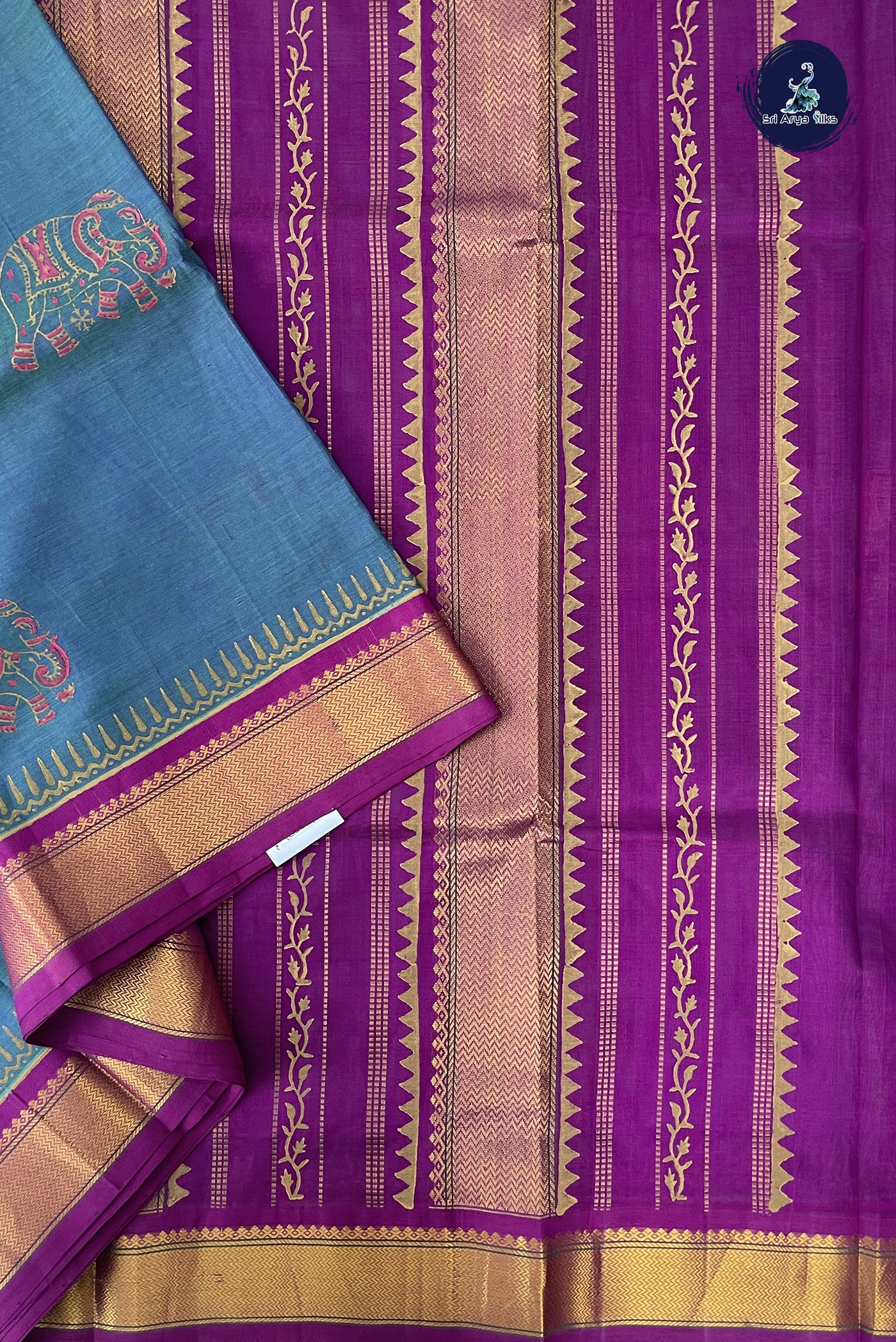 Teal 10 Yards Silk Cotton Saree With Printed Pattern