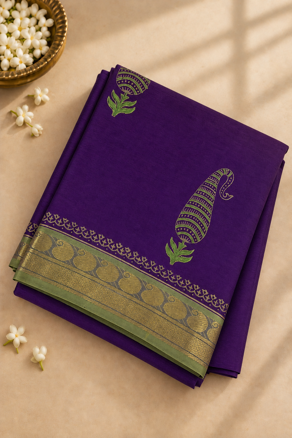 Dark Brinjal 10 Yards Silk Cotton Saree With Printed Pattern
