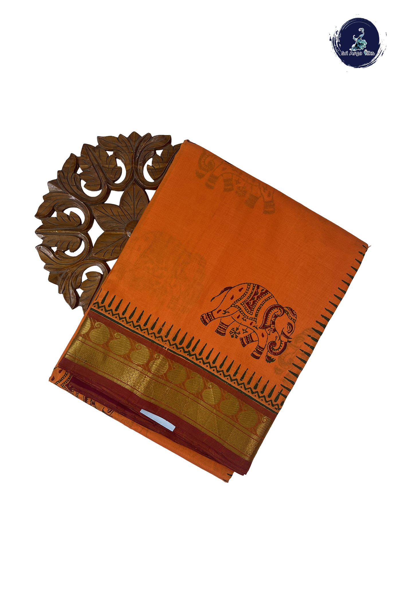 Orange 10 Yards Silk Cotton Saree With Printed Pattern