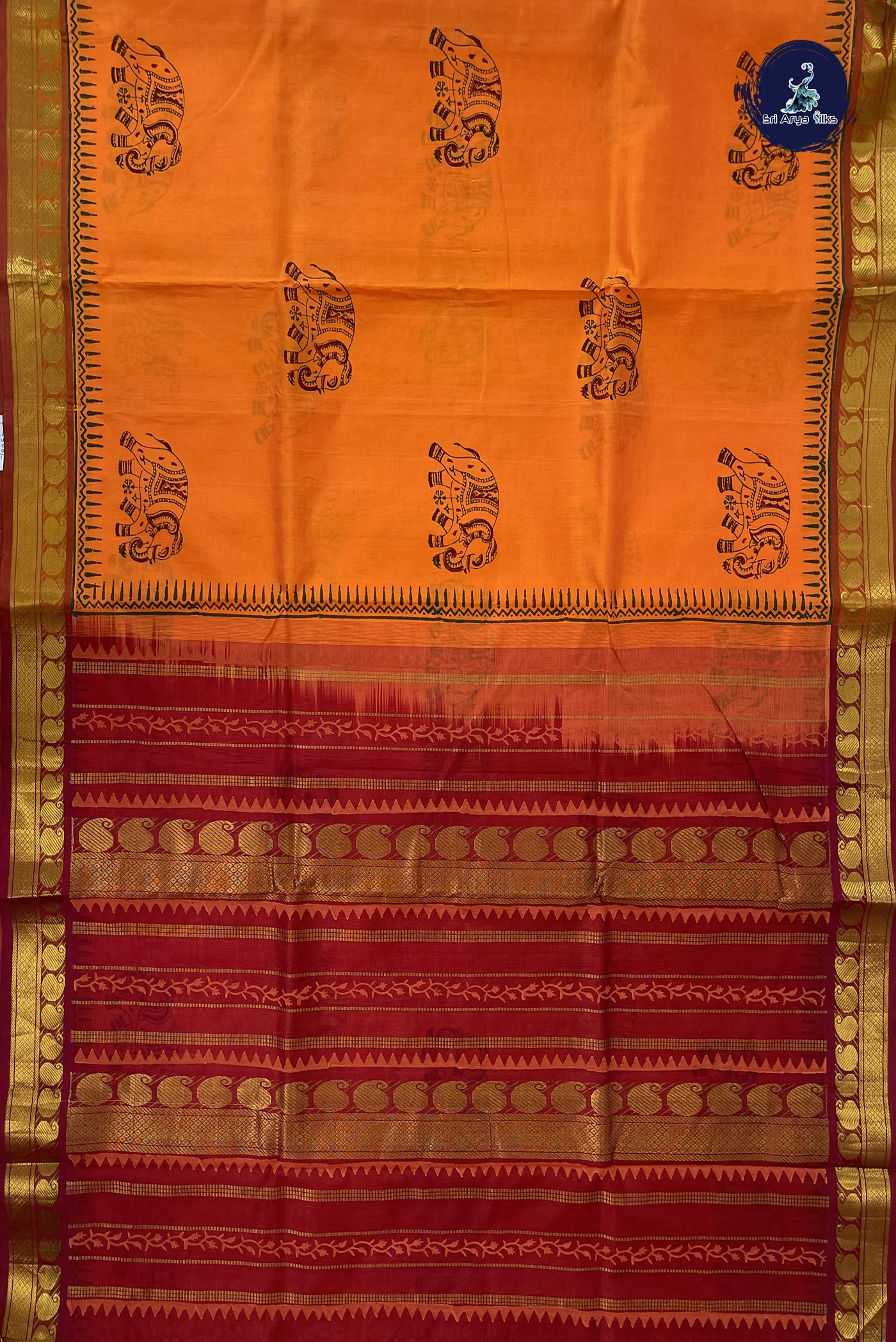 Orange 10 Yards Silk Cotton Saree With Printed Pattern