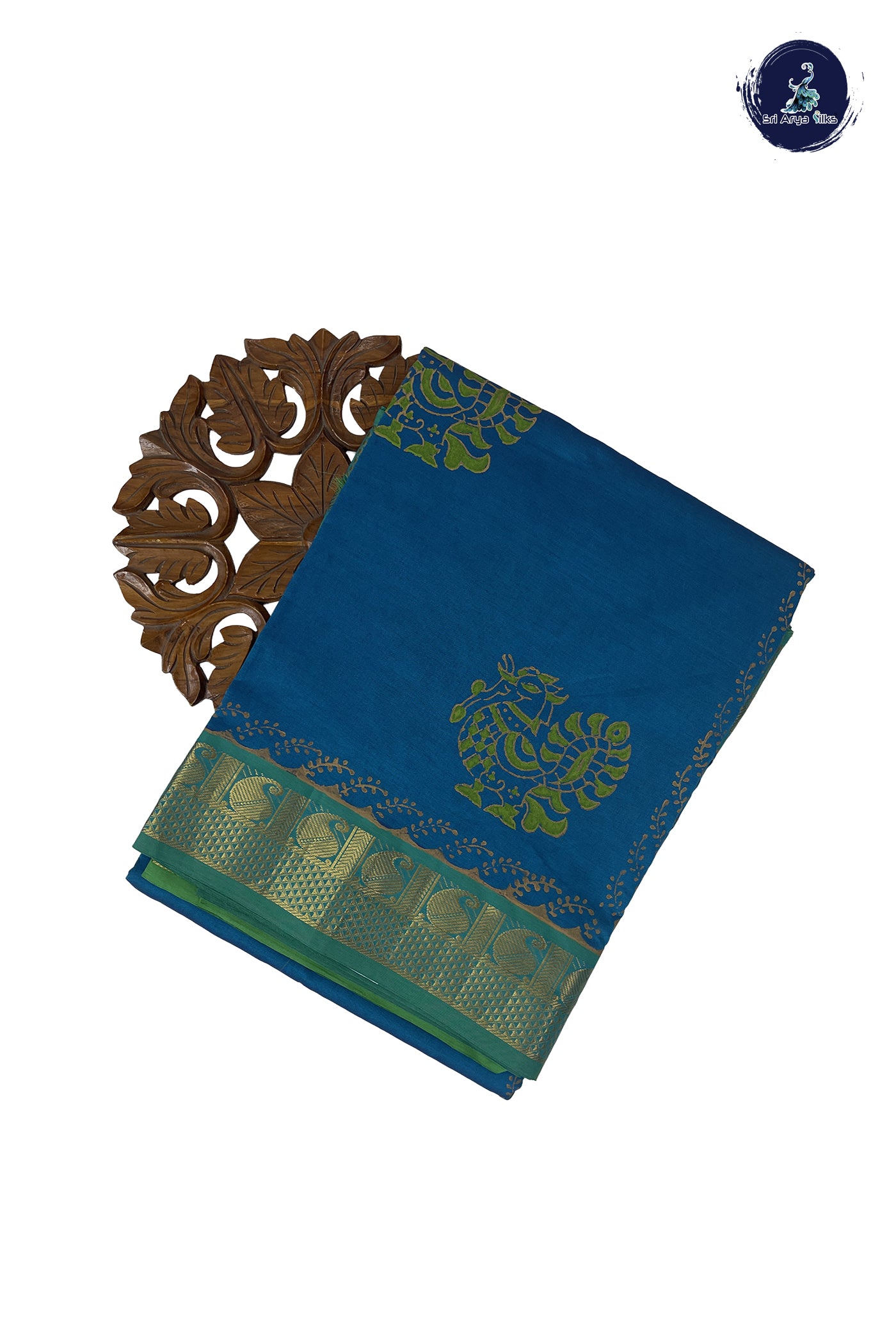 Copper Sulphate Blue 10 Yards Silk Cotton Saree With Printed Pattern