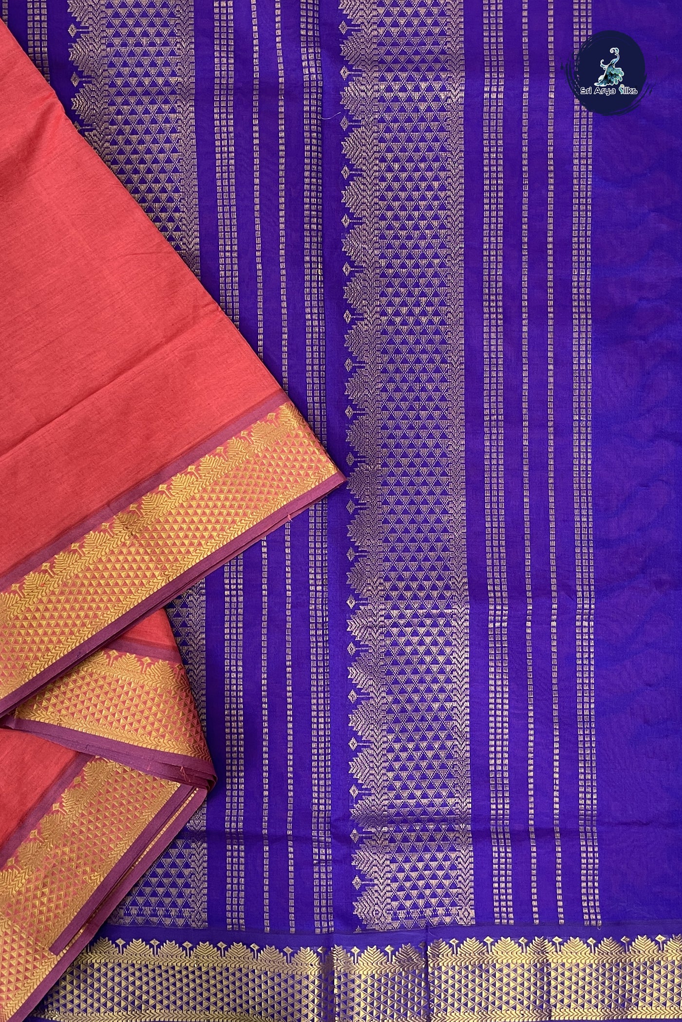 Peach Madisar Semi Silk Cotton Saree With Plain Pattern