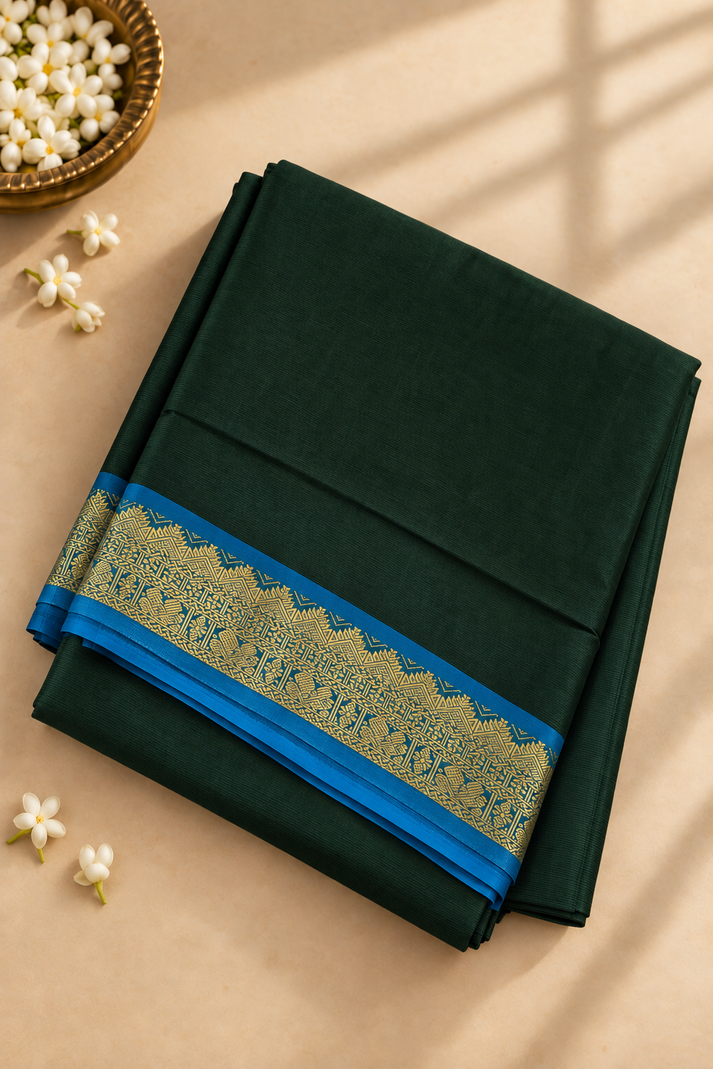 Dark Green Madisar Half pure Silk Cotton Saree With Plain Pattern