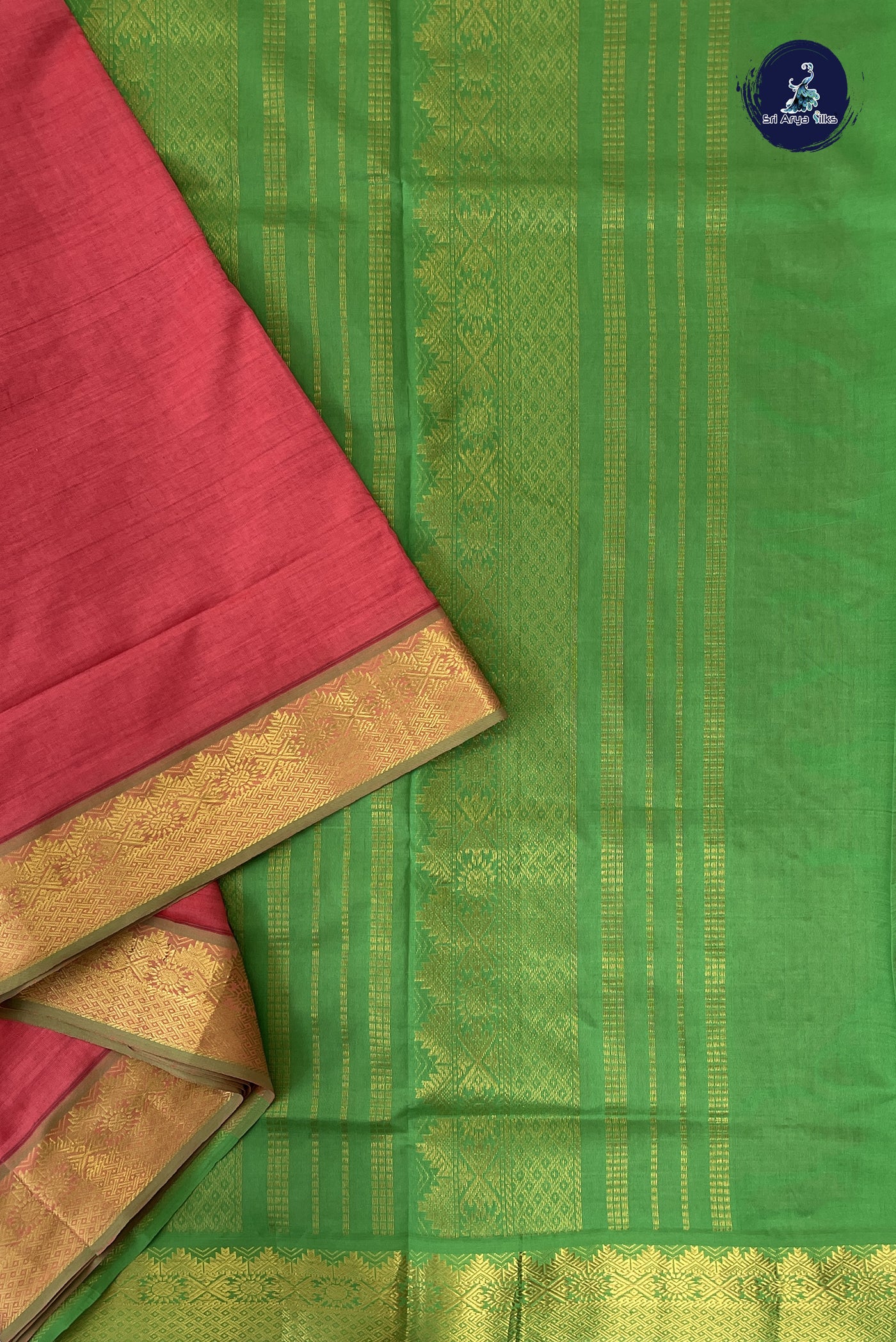 Peach Madisar Semi Silk Cotton Saree With Plain Pattern