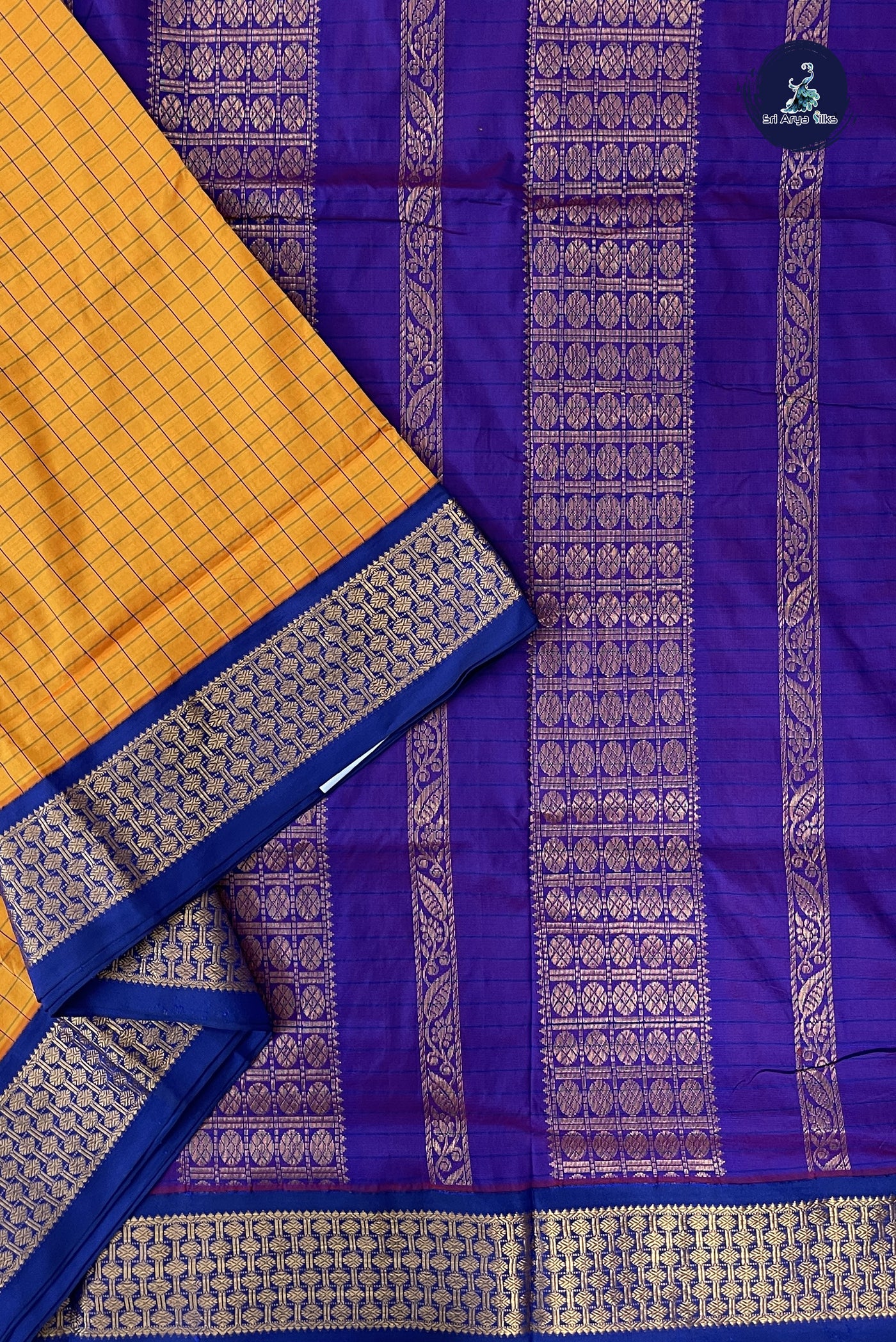 Lite Mustard Orange 10 Yards Semi Silk With Checked Pattern