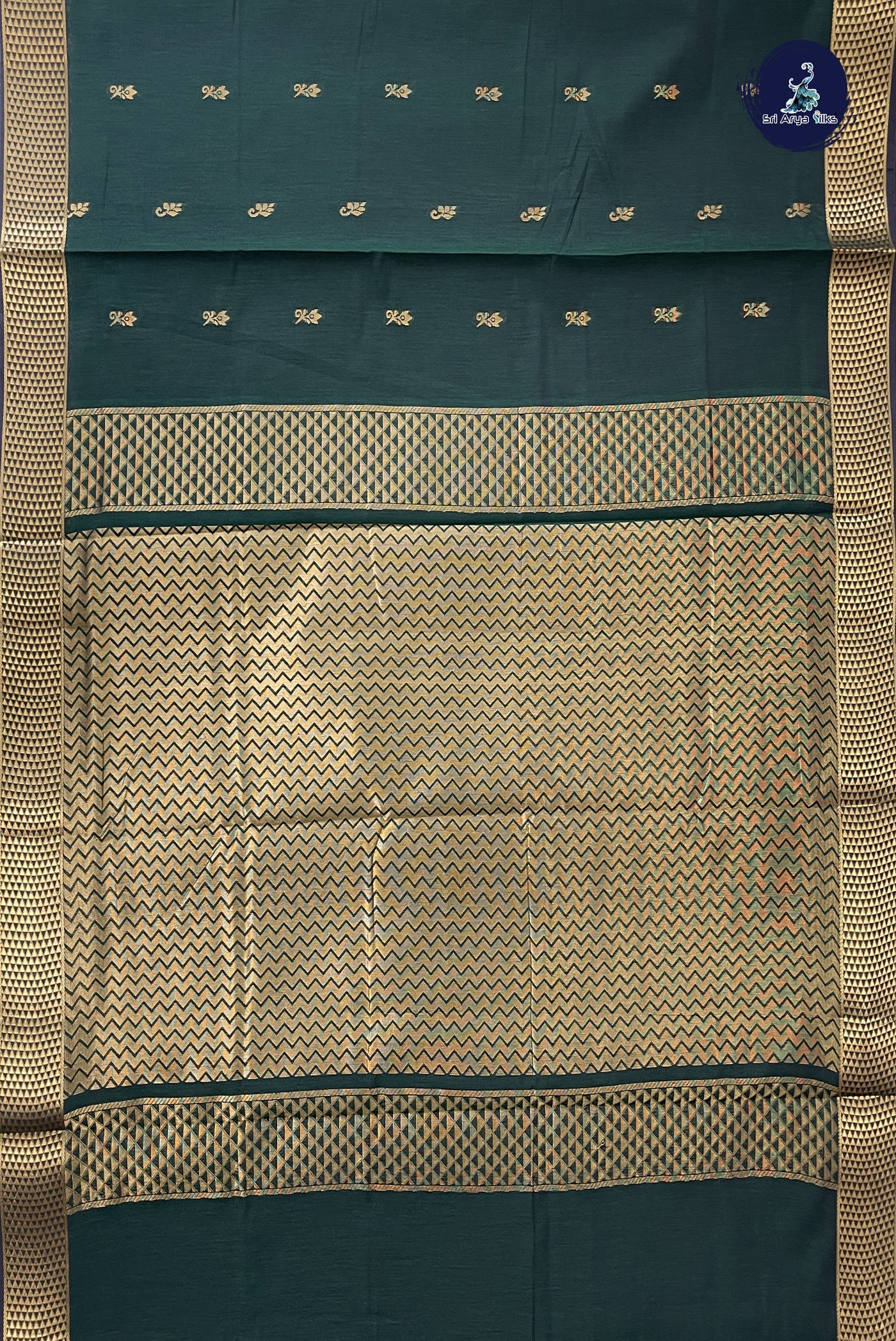 Dark Green Madisar Semi Silk Cotton Saree With Zari Buttas Pattern