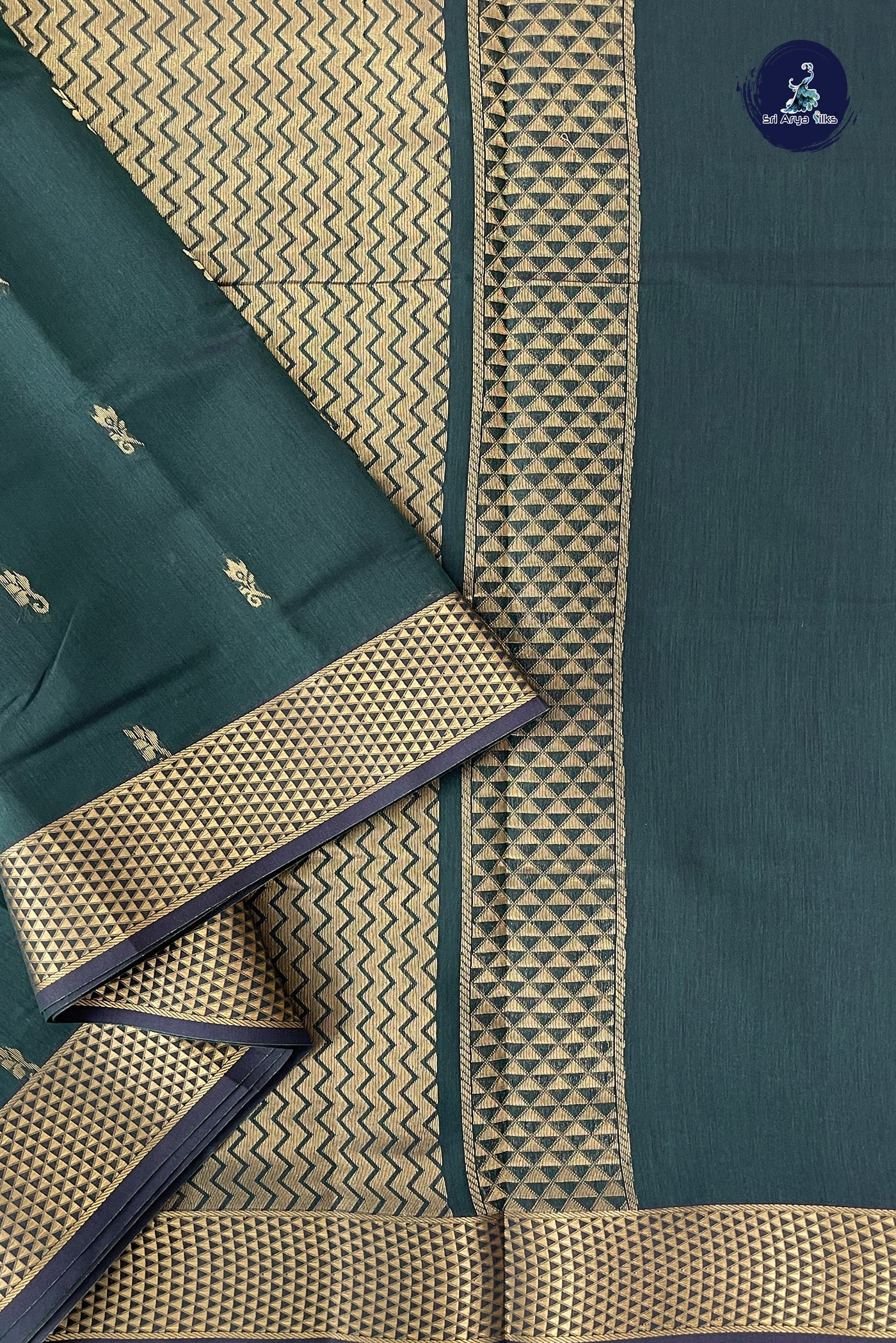 Dark Green Madisar Semi Silk Cotton Saree With Zari Buttas Pattern