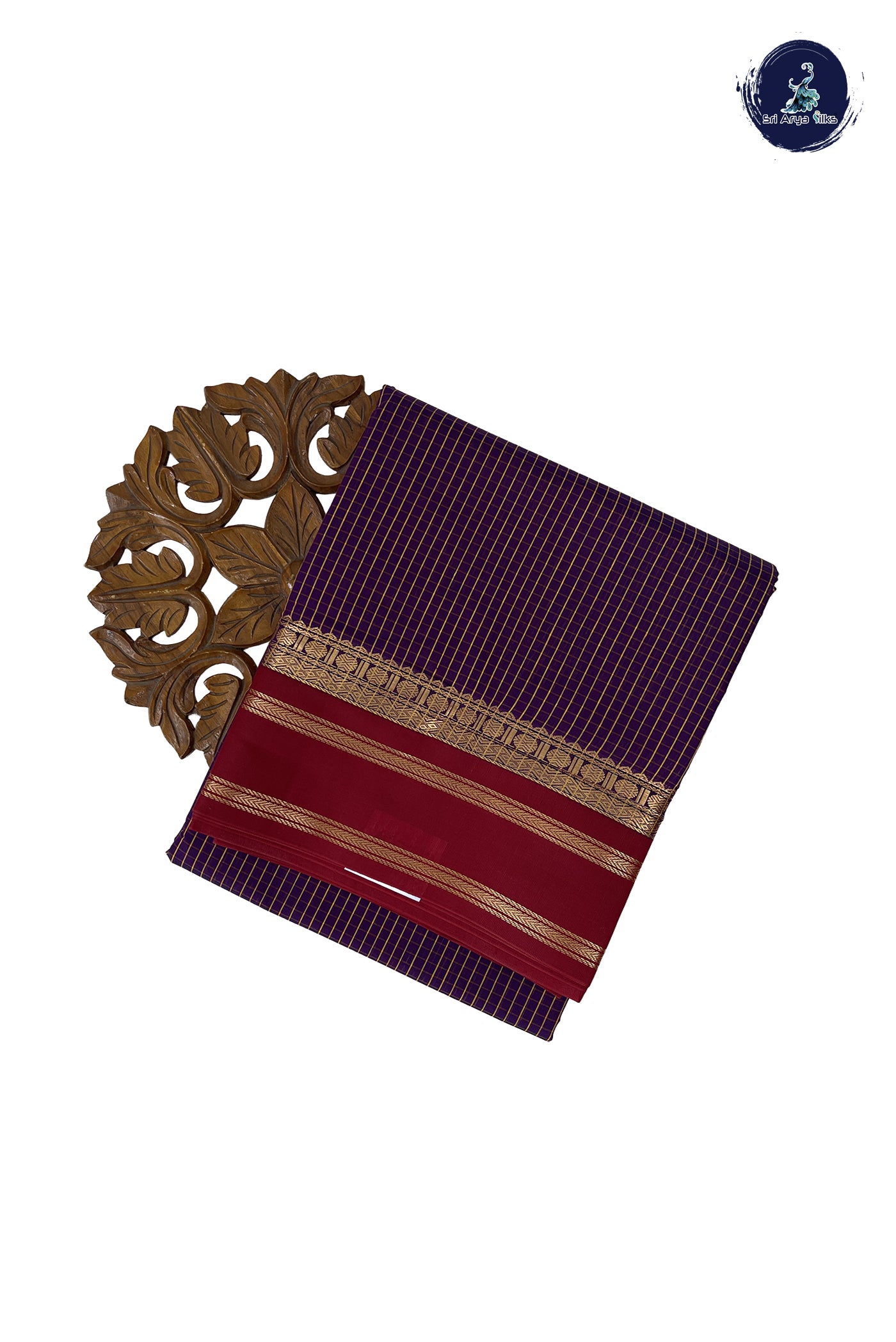 Dark Brinjal Madisar Semi Silk Cotton Saree With Checked Pattern