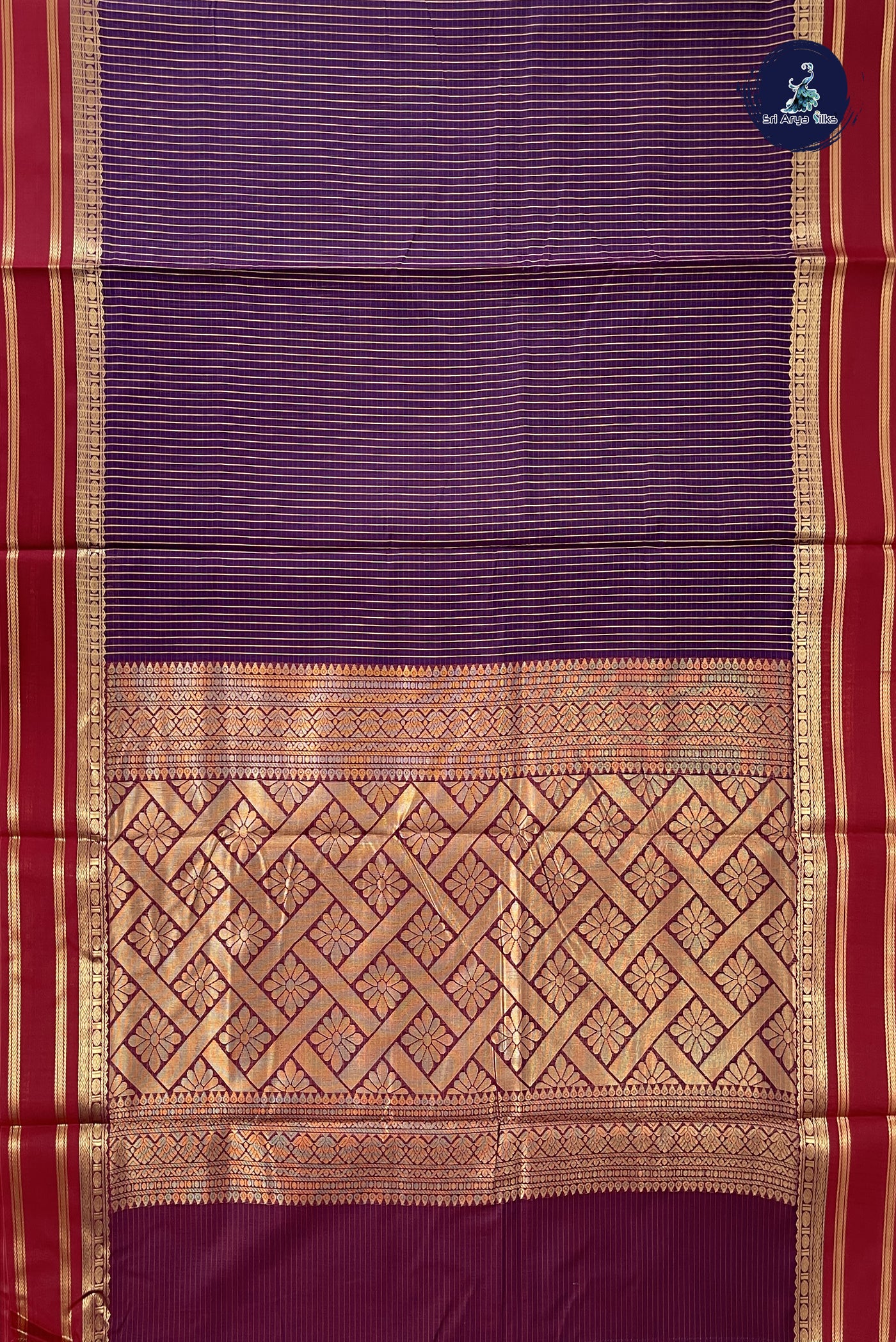 Dark Brinjal Madisar Semi Silk Cotton Saree With Checked Pattern